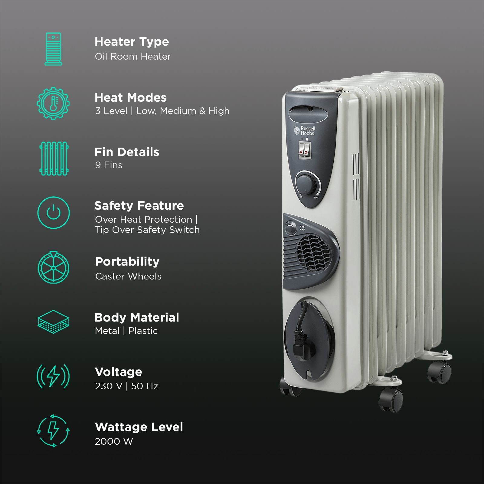Russell Hobbs ROR09 2000W Oil Filled Radiator Room Heater with 9 Fins (Anti Tilt Protection_3