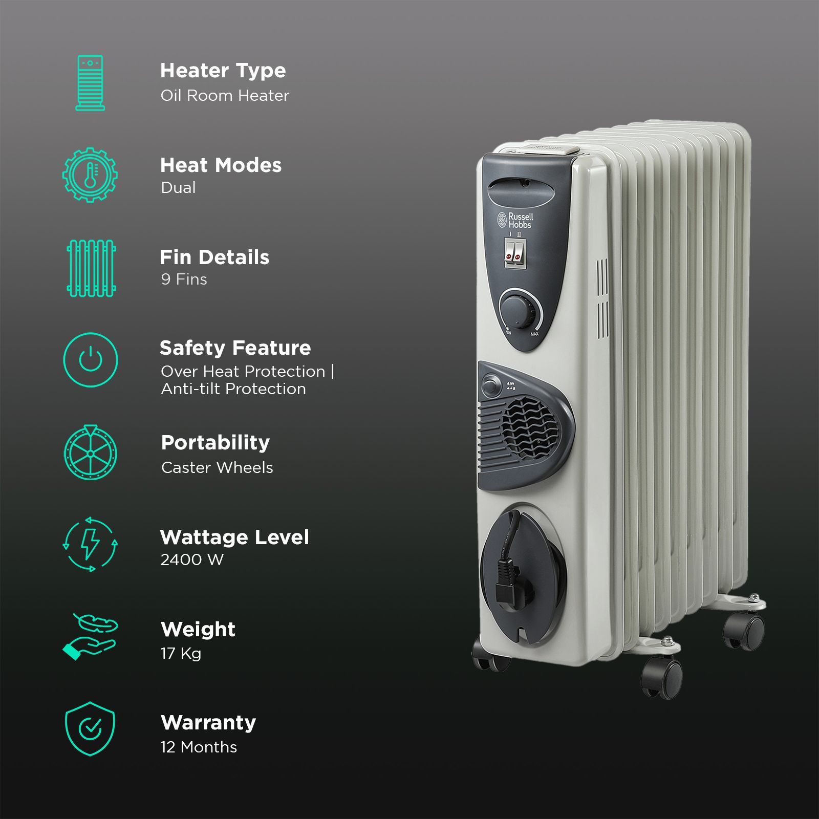Russell Hobbs ROR09F 2400W Oil Filled Radiator Room Heater with Anti Tilt Protection (Fan Forced Convection_3