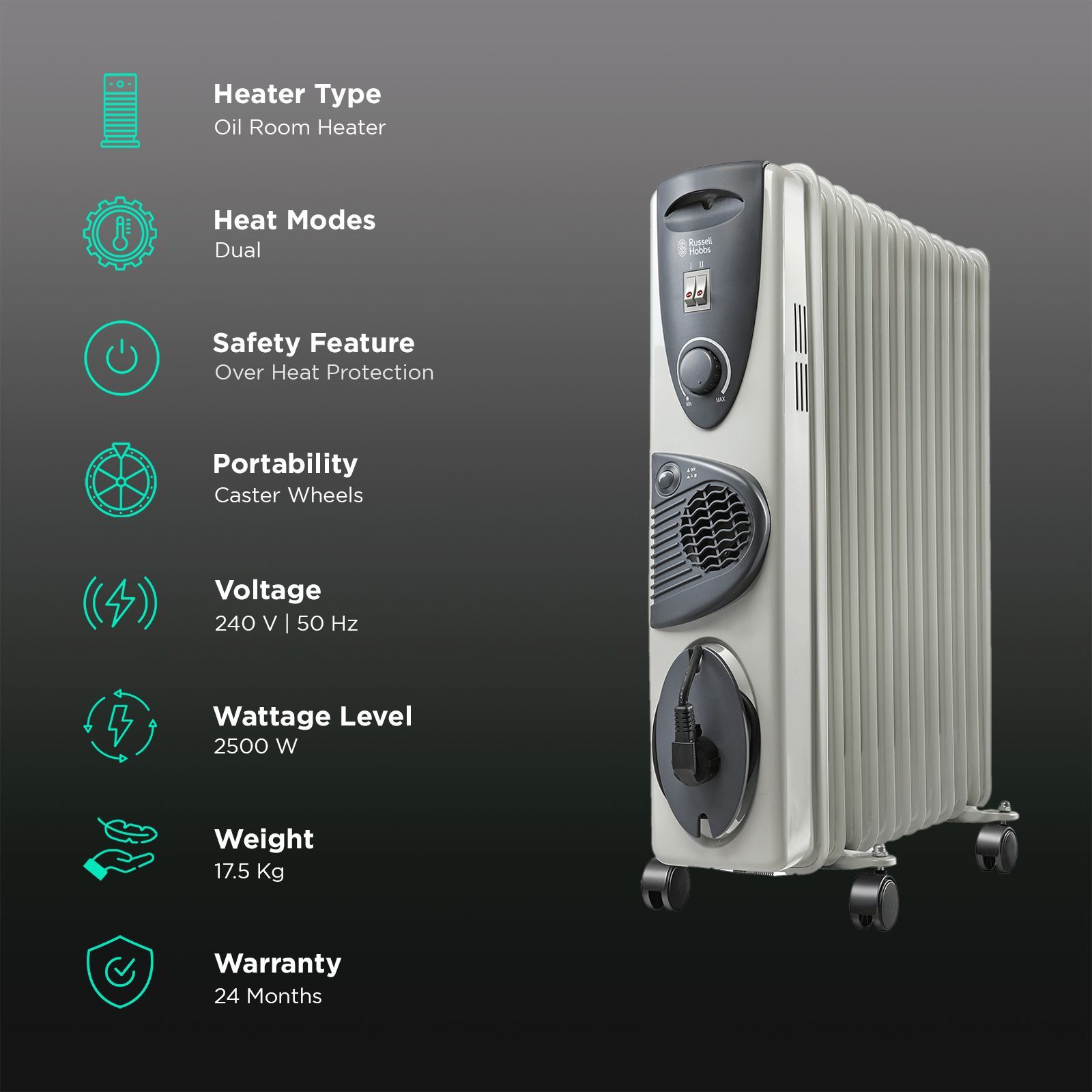 Russell Hobbs ROR11F 2500W Oil Filled Radiator Room Heater with High Efficiency Heat Radiating Fins (Anti Tilt Protection_3