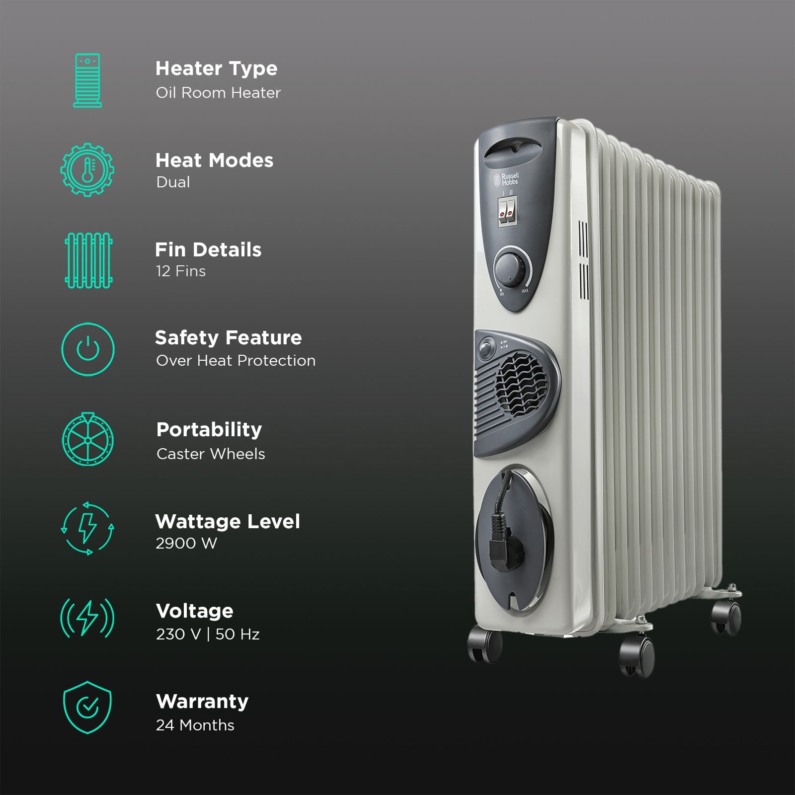 Russell Hobbs ROR12F 2900W Oil Filled Radiator Room Heater with 12 Fins (Anti Tilt Protection_3