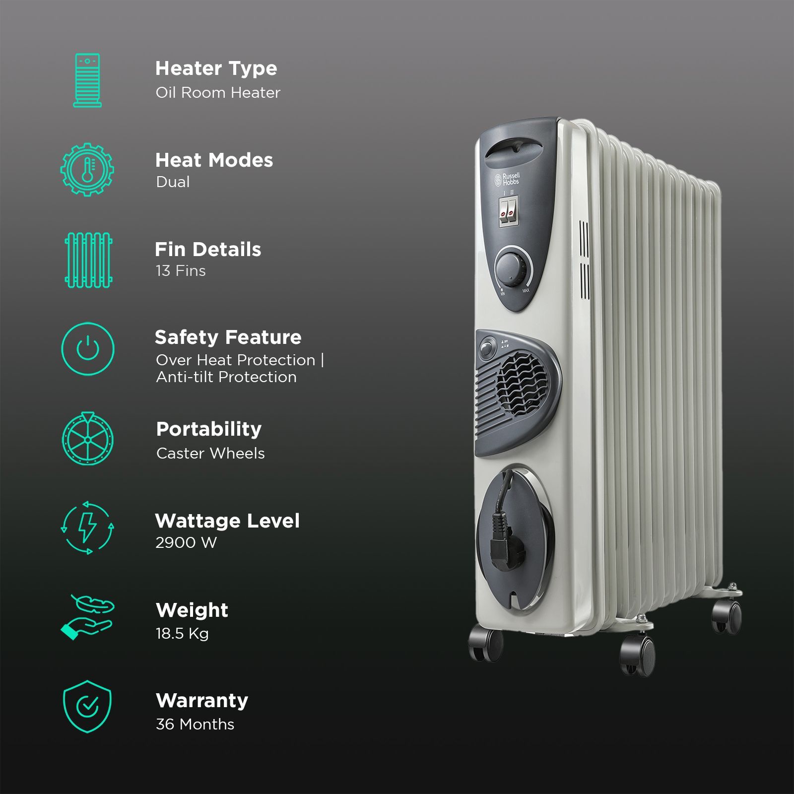 Russell Hobbs ROR13F 2900W Oil Filled Radiator Room Heater with 13 Fins (Anti Tilt Protection_3