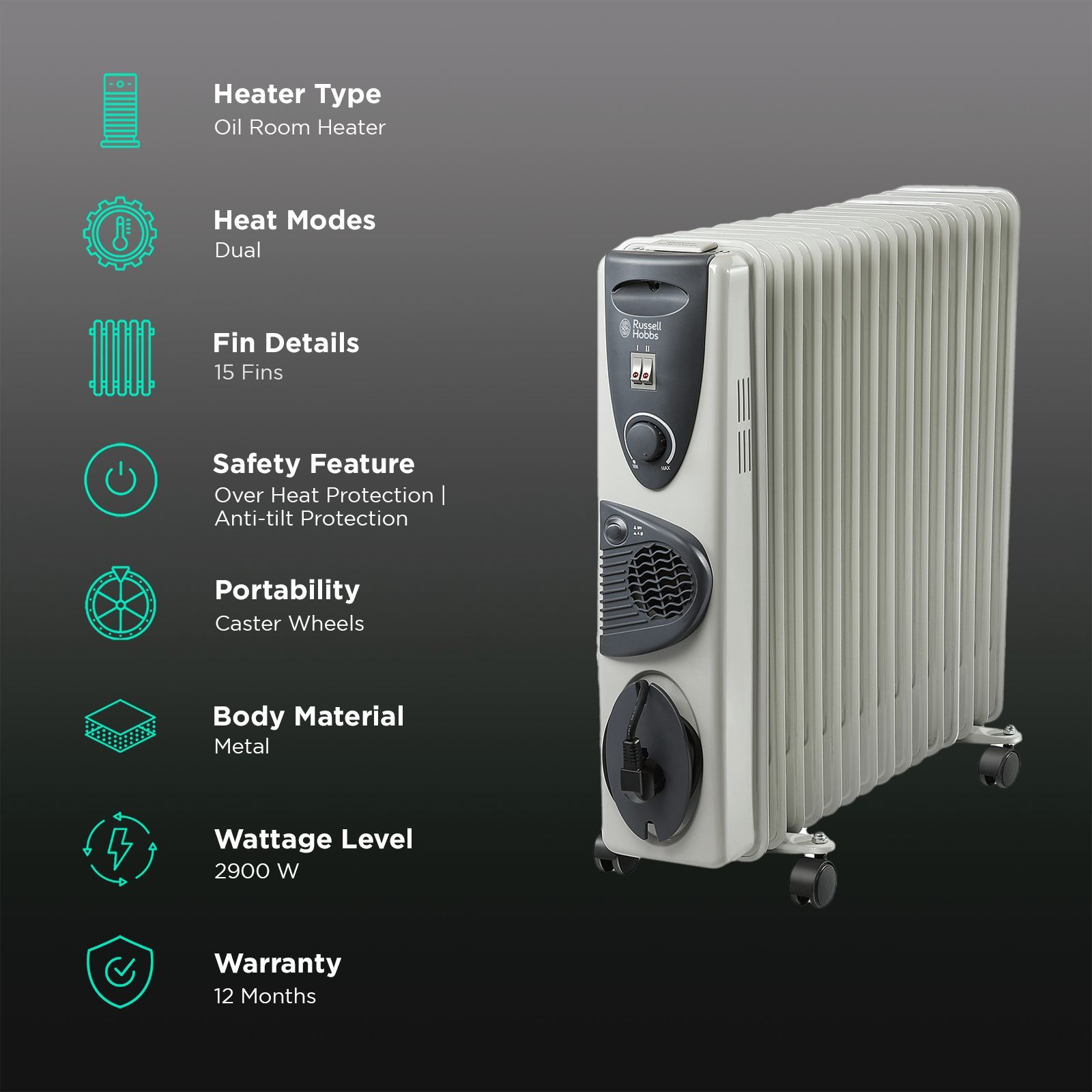 Russell Hobbs ROR15F 2900W Oil Filled Radiator Room Heater with 15 Fins (Anti Tilt Protection_3