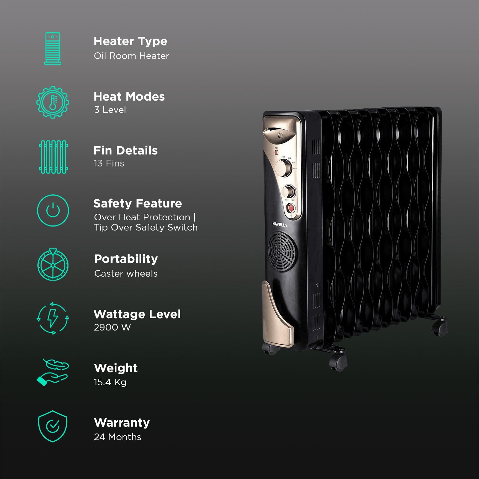 HAVELLS GHROFBHK290 2900W PTC Fan Oil Filled Radiator Room Heater with Multi Directional Heating (Safety Tilt Over Switch_3