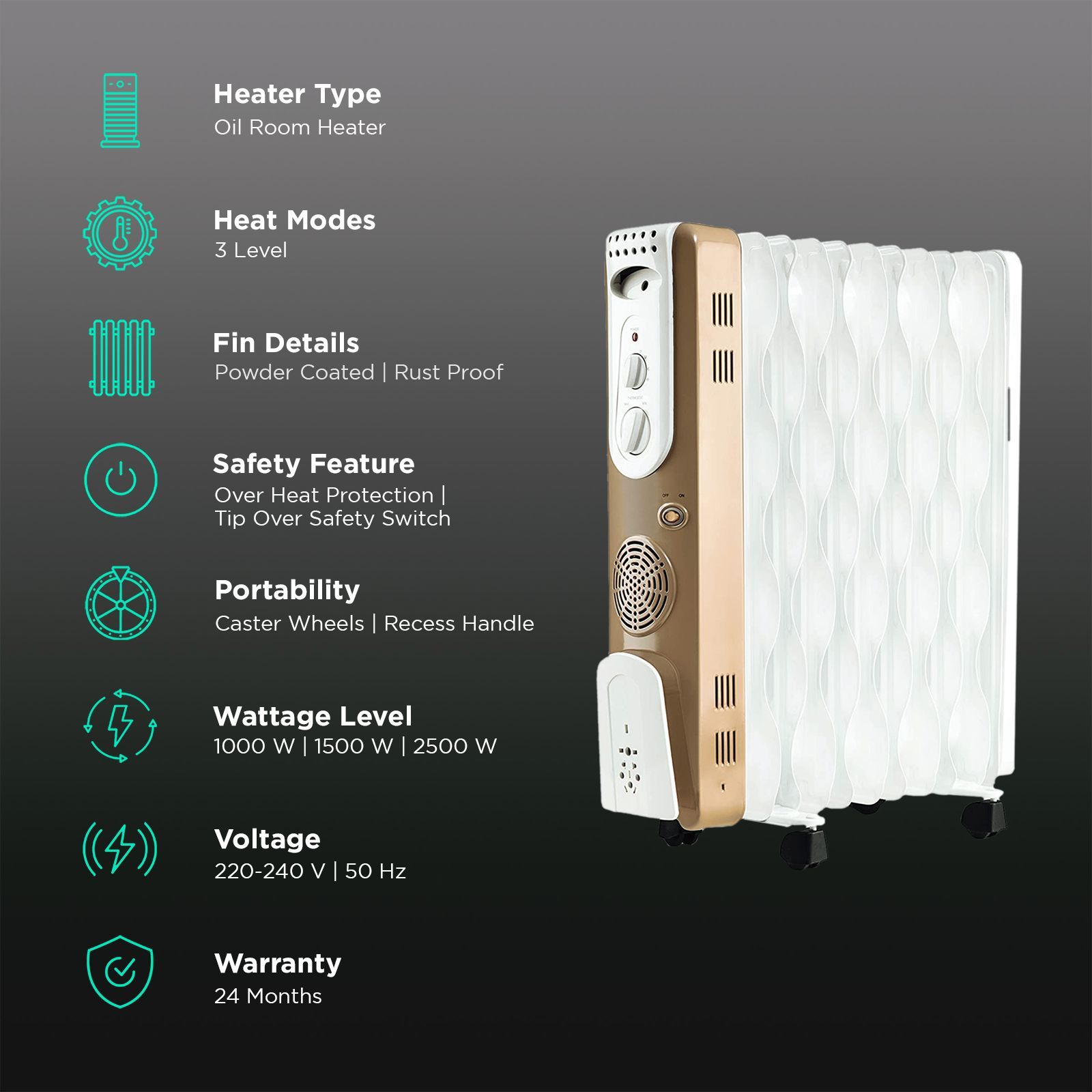 USHA 3611 FS 2500W PTC Oil Filled Radiator Room Heater with IP23 Protection (Adjustable Thermostat_3