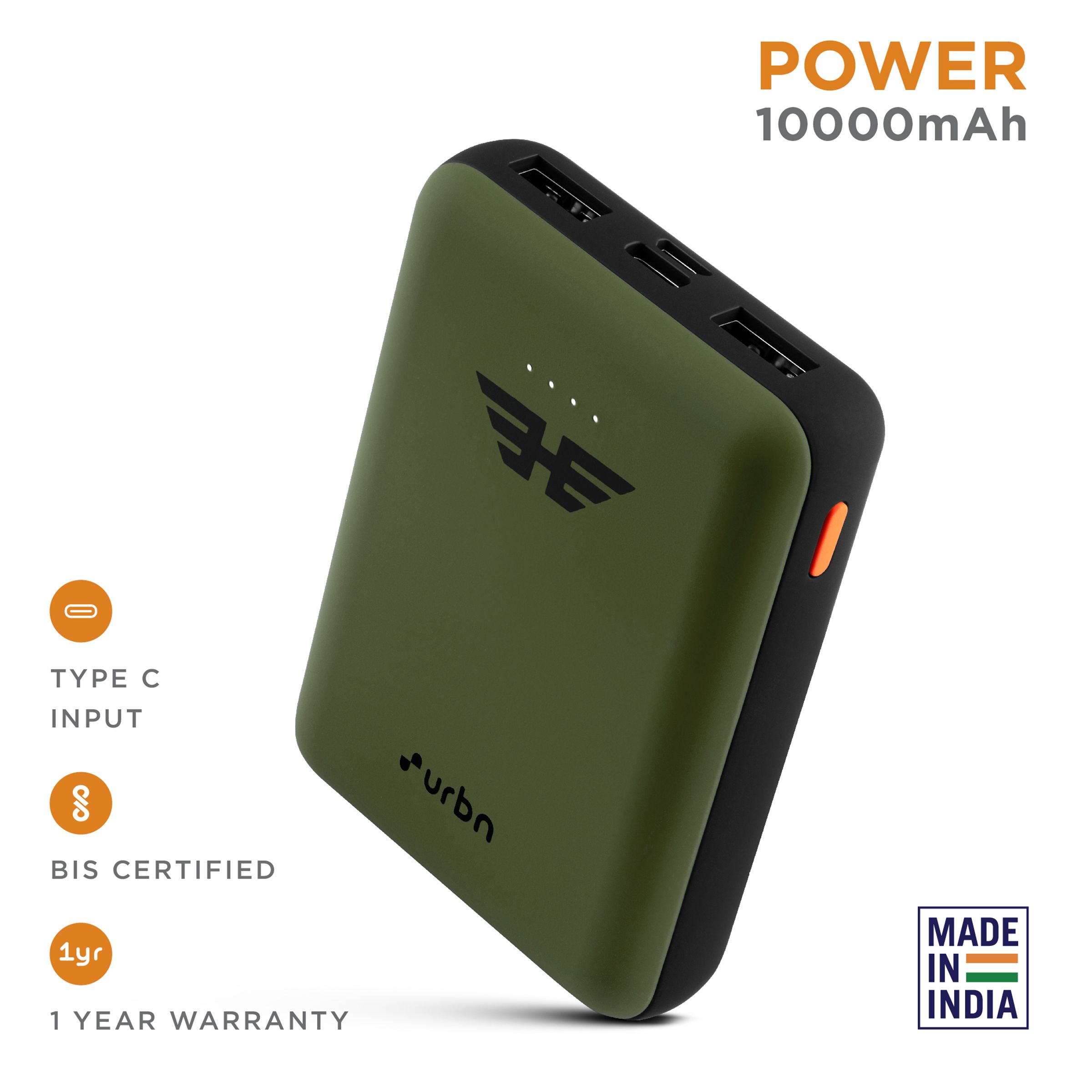 urbn 10000 mAh 12W Fast Charging Power Bank (1 Micro USB Type B, 1 Type C & 2 Type A Ports, Ultra Compact Casing, LED Charging Indicator, Camo)_5