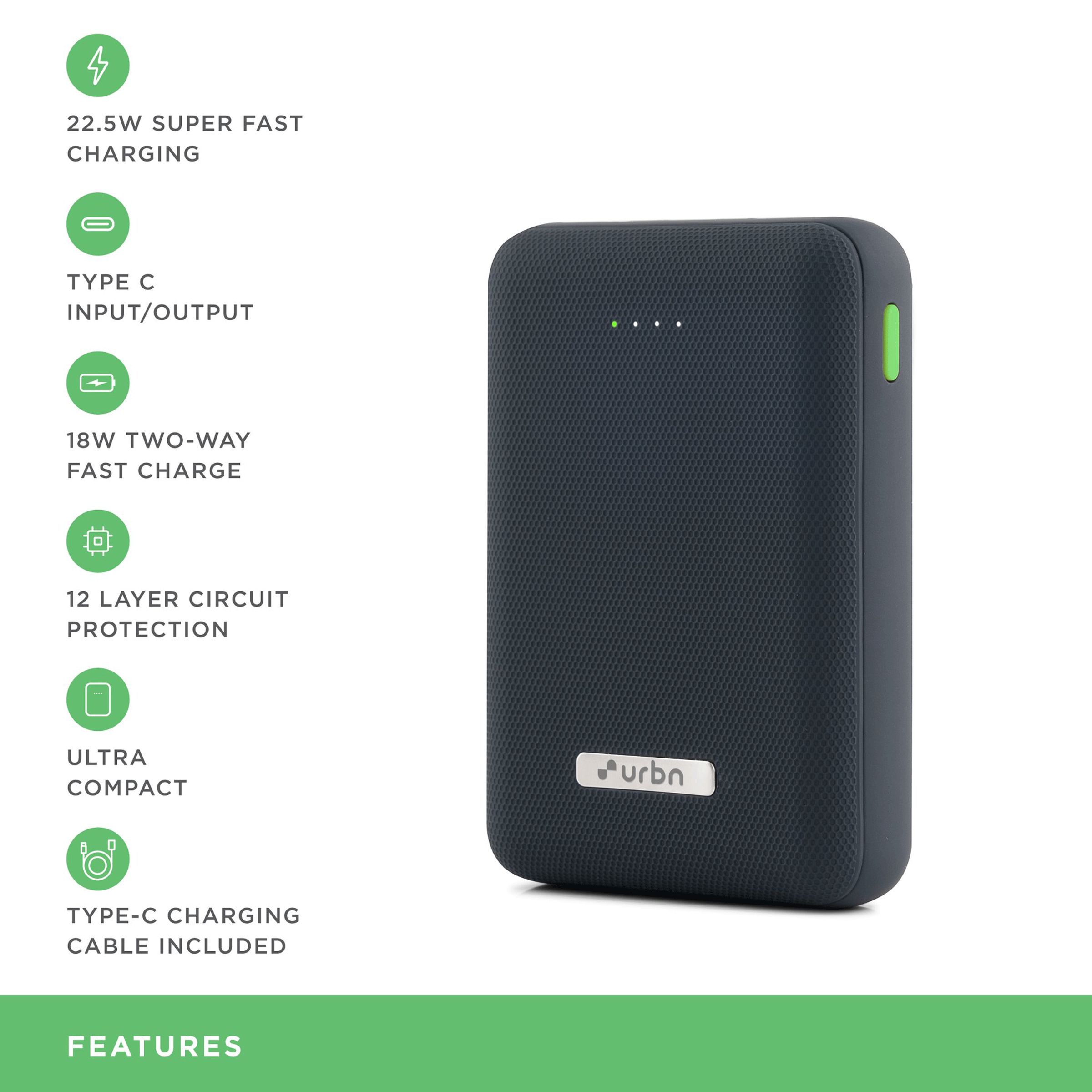 urbn 10000 mAh 22.5W Fast Charging Power Bank (1 Type A & 1 Type C Ports, Ultra Compact Casing, Quick Charge 3.0, Blue)_9