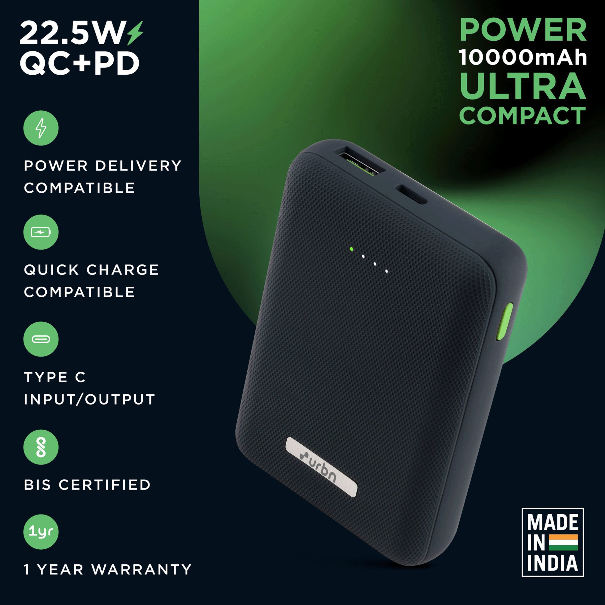 urbn 10000 mAh 22.5W Fast Charging Power Bank (1 Type A & 1 Type C Ports, Ultra Compact Casing, Quick Charge 3.0, Blue)_10