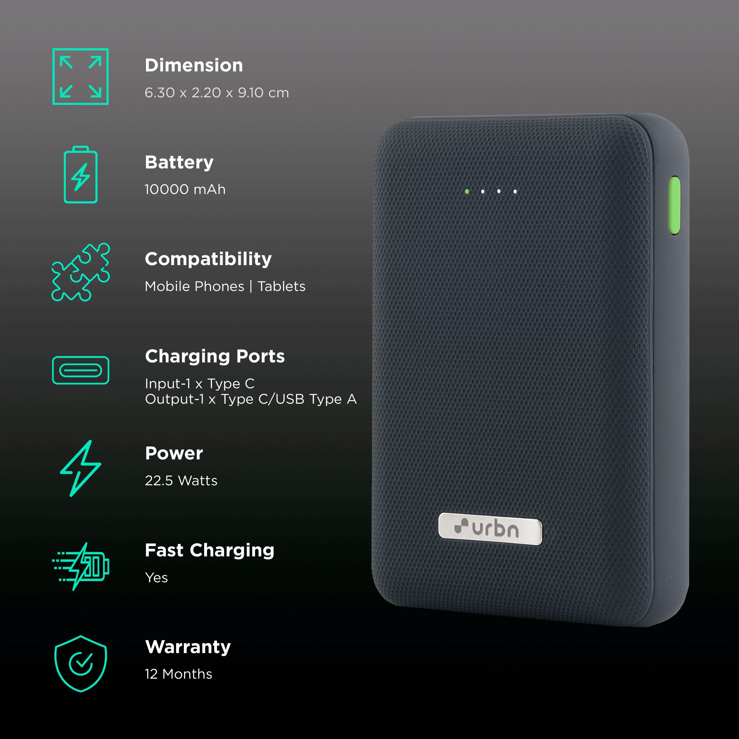 urbn 10000 mAh 22.5W Fast Charging Power Bank (1 Type A & 1 Type C Ports, Ultra Compact Casing, Quick Charge 3.0, Blue)_3