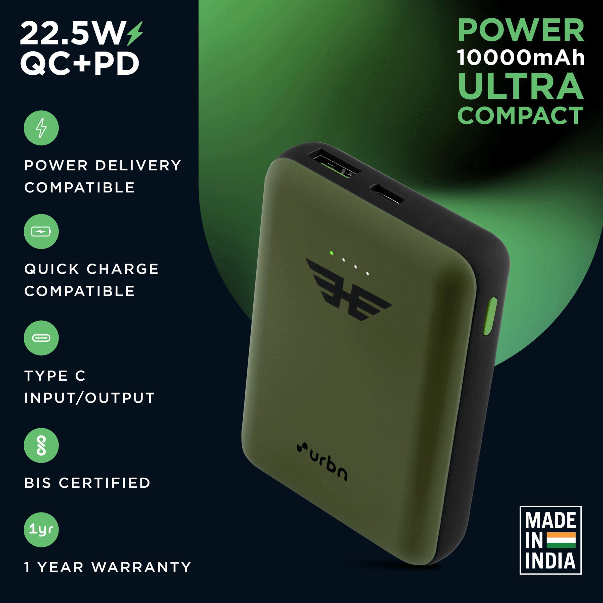 urbn 10000 mAh 22.5W Fast Charging Power Bank (1 Type A & 1 Type C Ports, Ultra Compact Casing, Quick Charge 3.0, Camo)_7