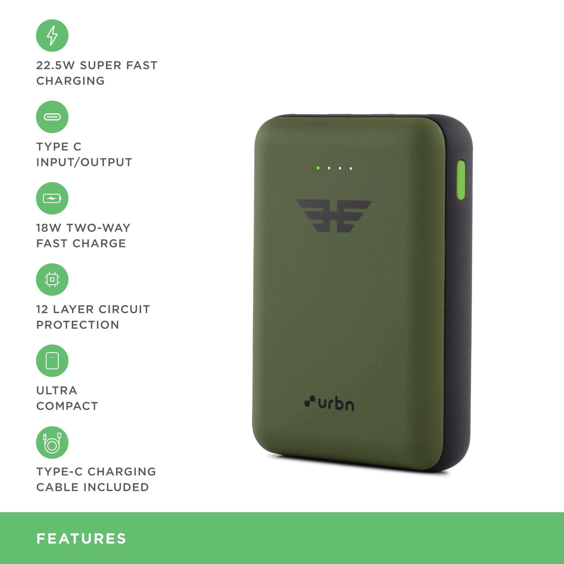 urbn 10000 mAh 22.5W Fast Charging Power Bank (1 Type A & 1 Type C Ports, Ultra Compact Casing, Quick Charge 3.0, Camo)_8