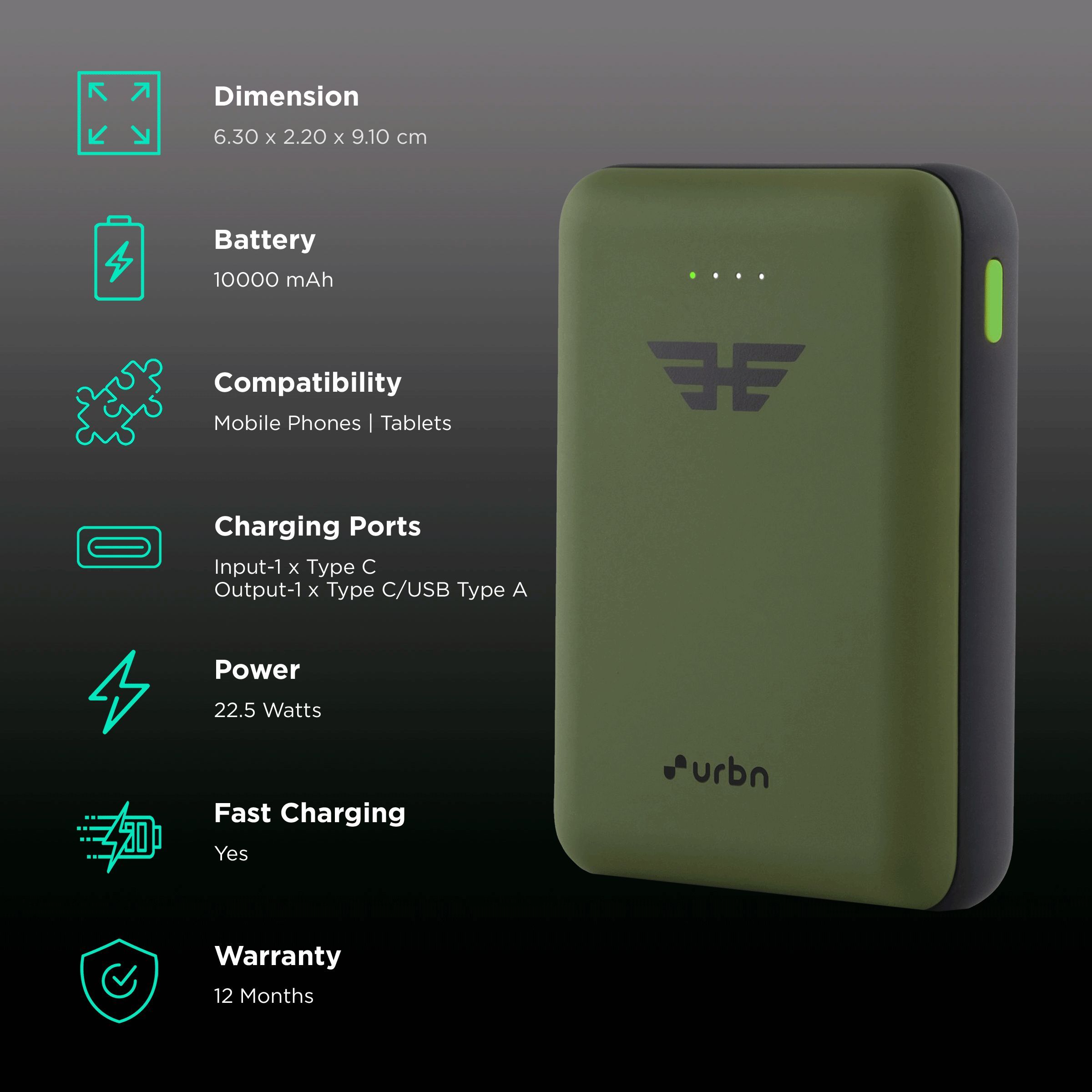 urbn 10000 mAh 22.5W Fast Charging Power Bank (1 Type A & 1 Type C Ports, Ultra Compact Casing, Quick Charge 3.0, Camo)_3