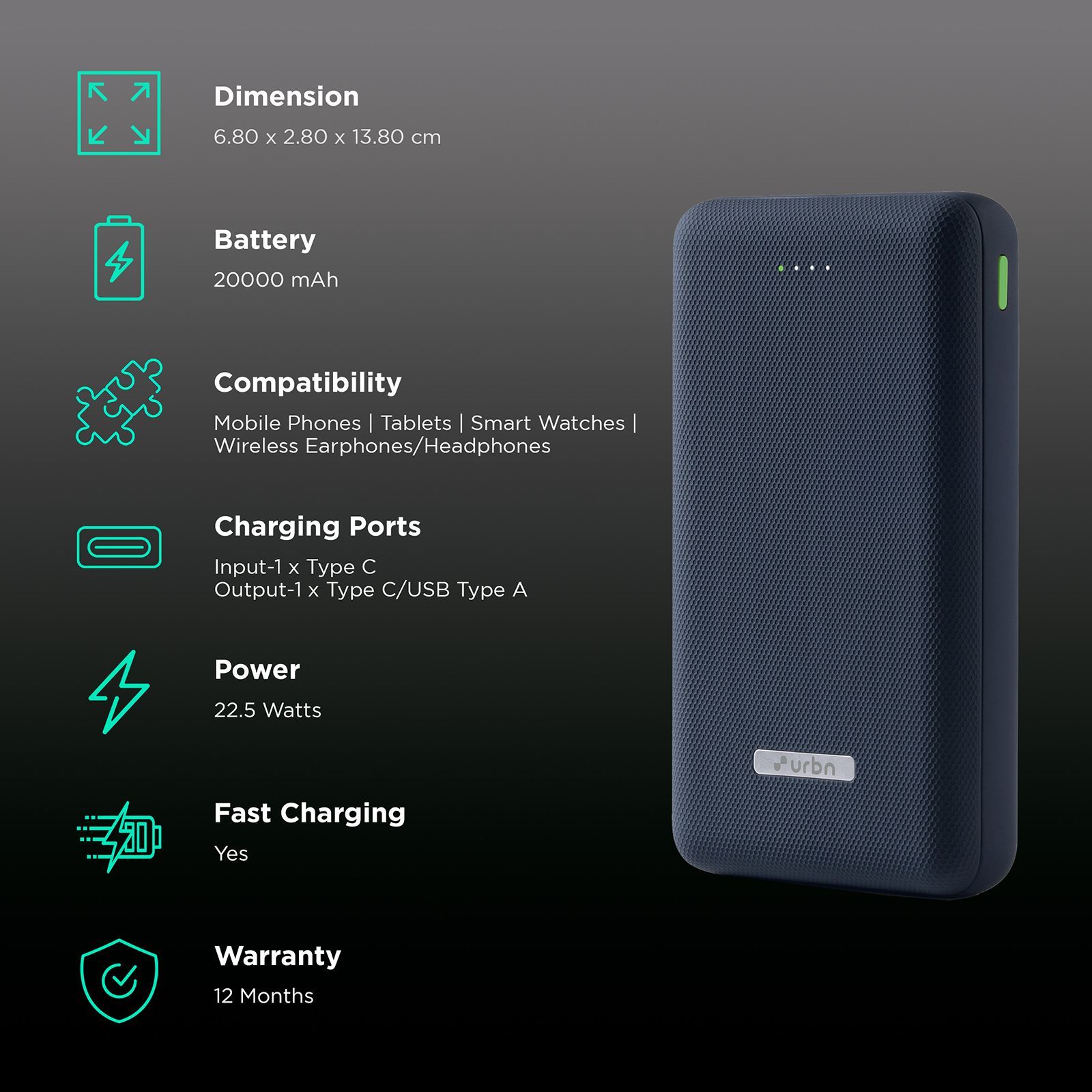 urbn 20000 mAh 22.5W Fast Charging Power Bank (1 Type A Port, 1 Type C Port, 12 Layer Circuit Protection, Blue)_3