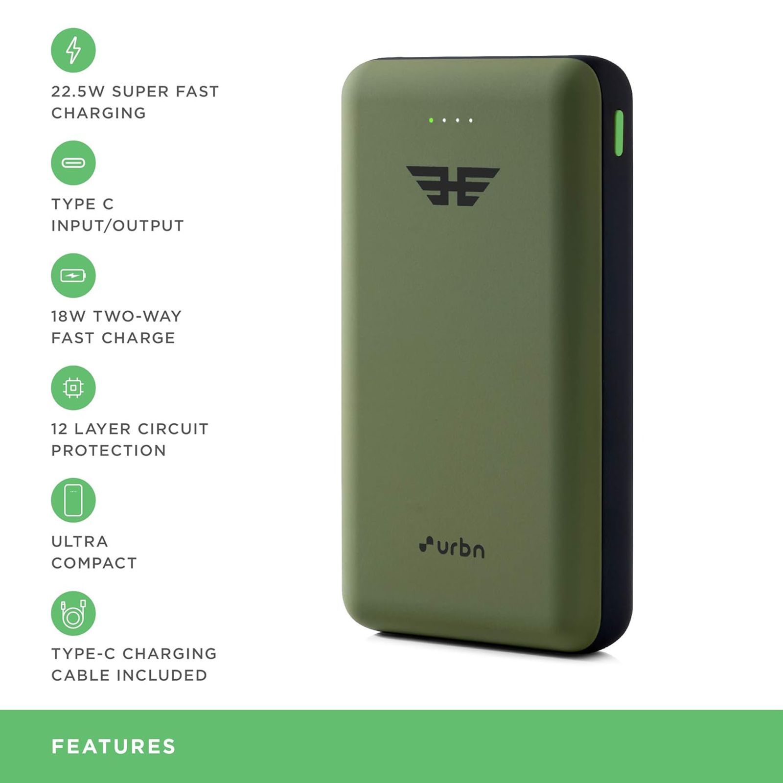 urbn 20000 mAh 22.5W Fast Charging Power Bank (1 Type A & 1 Type C Ports, Ultra Compact Casing, Quick Charge 3.0, Camo)_11