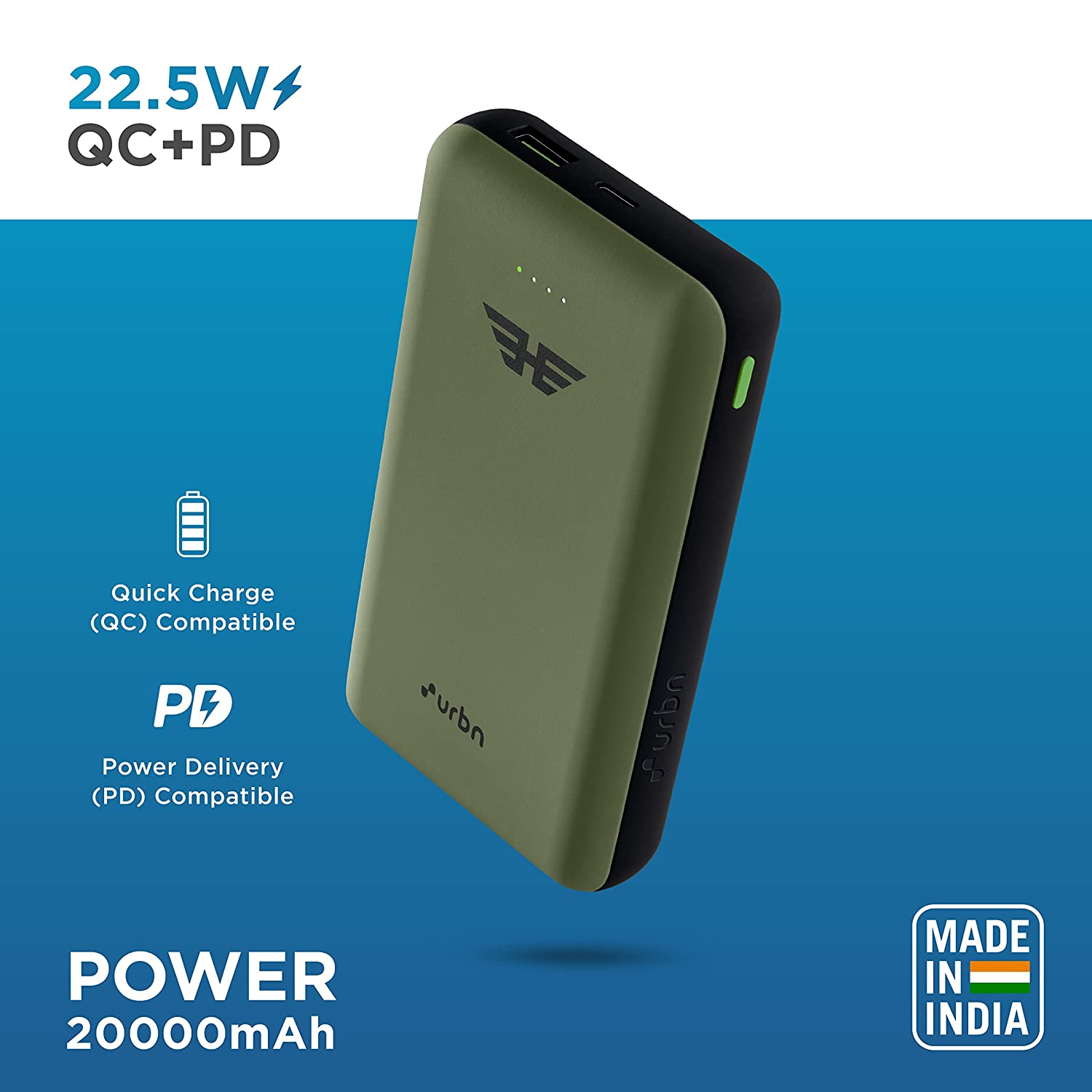 urbn 20000 mAh 22.5W Fast Charging Power Bank (1 Type A & 1 Type C Ports, Ultra Compact Casing, Quick Charge 3.0, Camo)_13