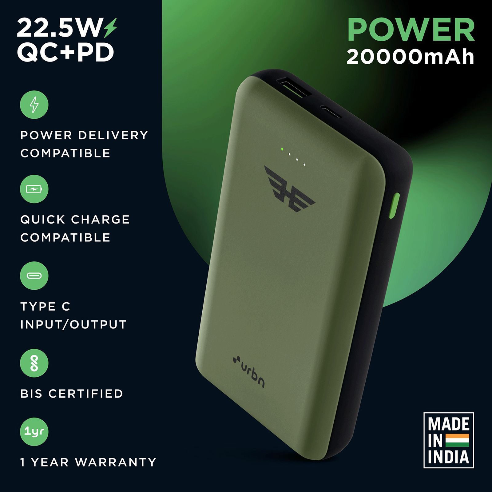 urbn 20000 mAh 22.5W Fast Charging Power Bank (1 Type A & 1 Type C Ports, Ultra Compact Casing, Quick Charge 3.0, Camo)_21