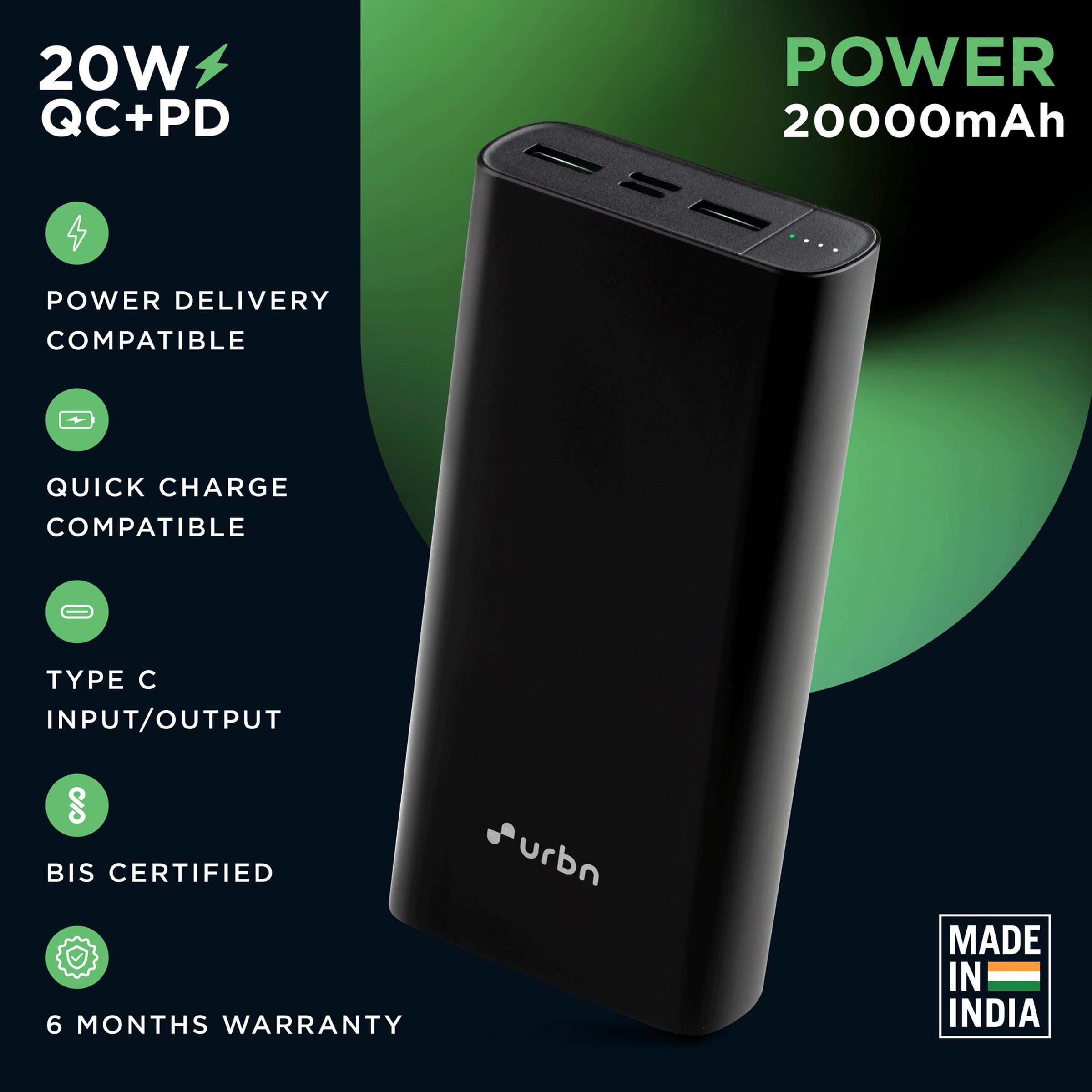 urbn 20000 mAh 20W Fast Charging Power Bank (1 Micro USB Type B, 1 Type C & 2 Type A Ports, LED Charging Indicator, Black)_6