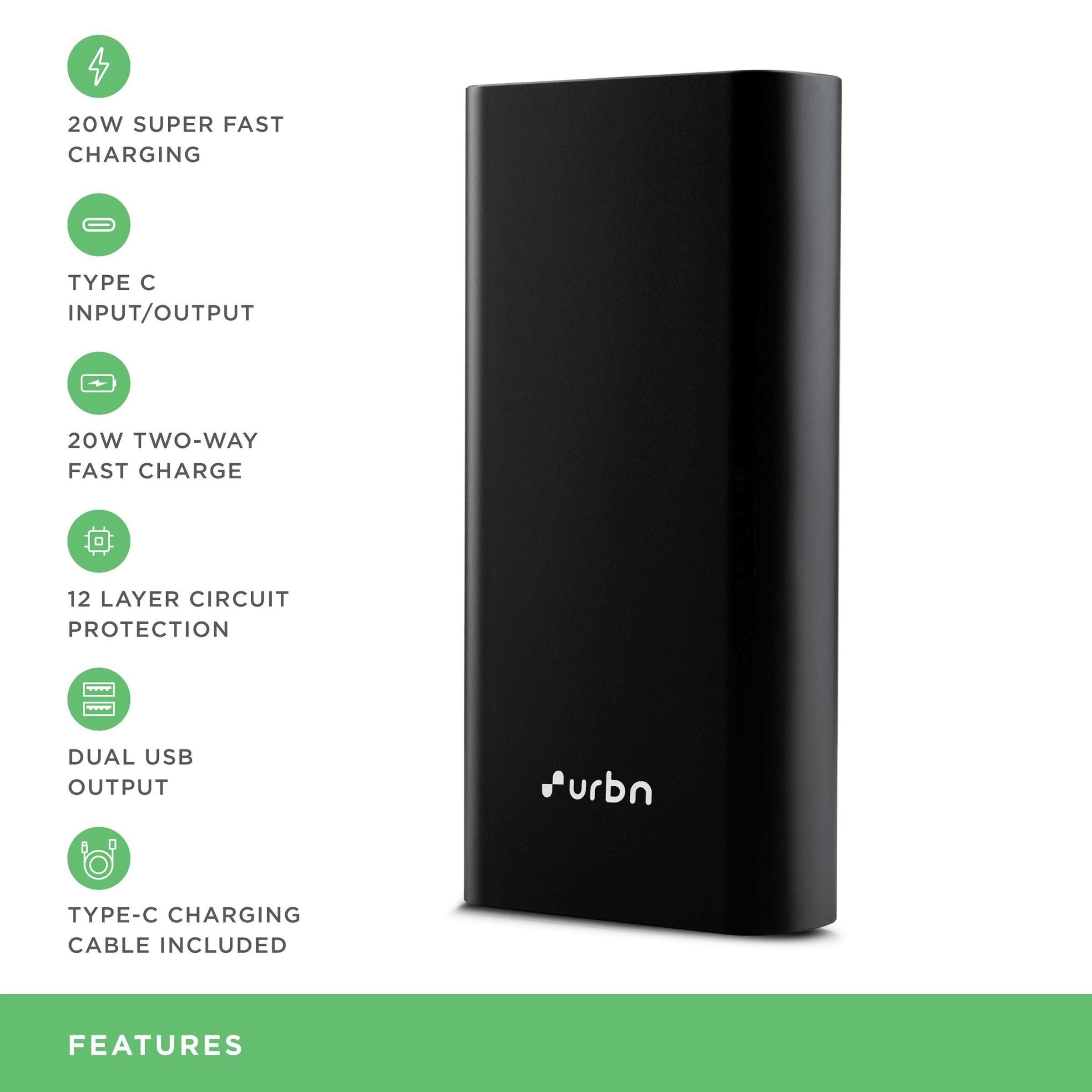 urbn 20000 mAh 20W Fast Charging Power Bank (1 Micro USB Type B, 1 Type C & 2 Type A Ports, LED Charging Indicator, Black)_7