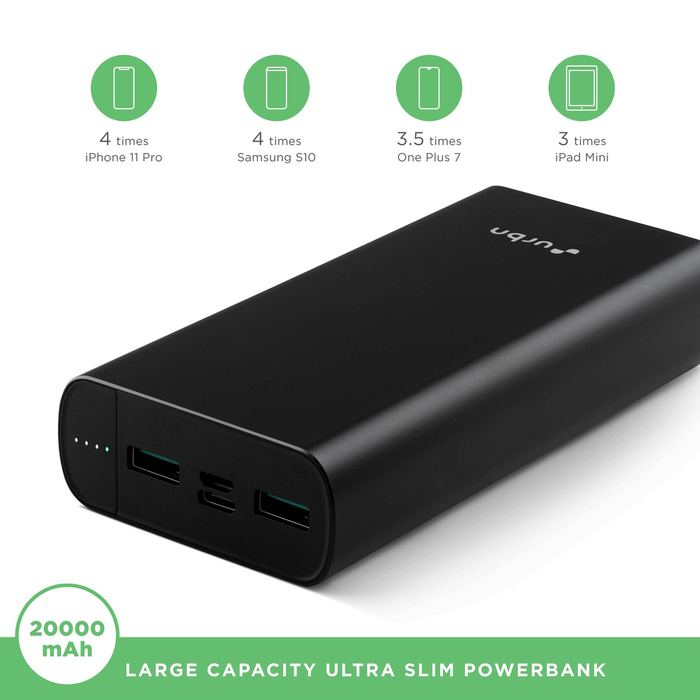 urbn 20000 mAh 20W Fast Charging Power Bank (1 Micro USB Type B, 1 Type C & 2 Type A Ports, LED Charging Indicator, Black)_5