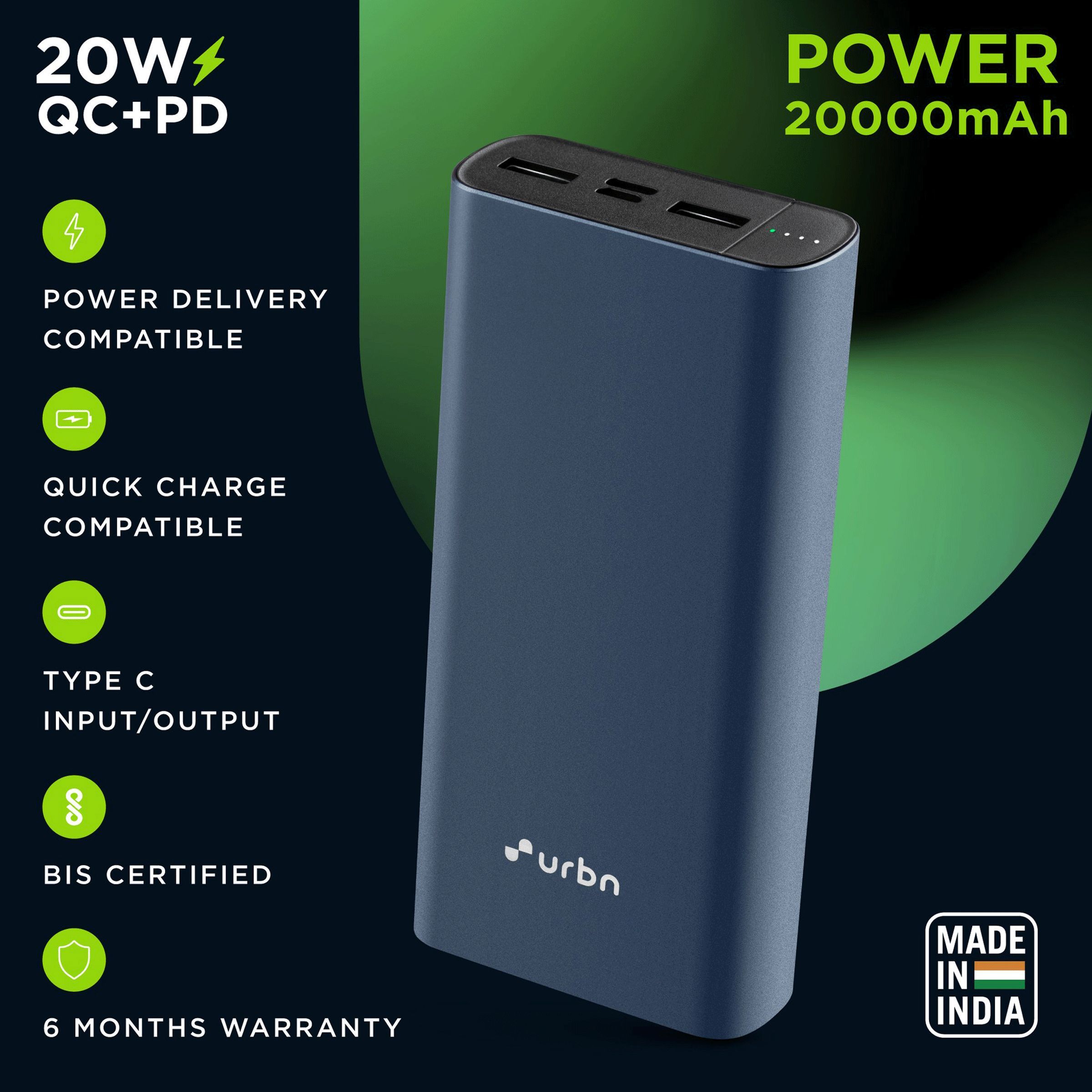 urbn 20000 mAh 20W Fast Charging Power Bank (1 Micro USB Type B, 1 Type C & 2 Type A Ports, LED Charging Indicator, Blue)_6