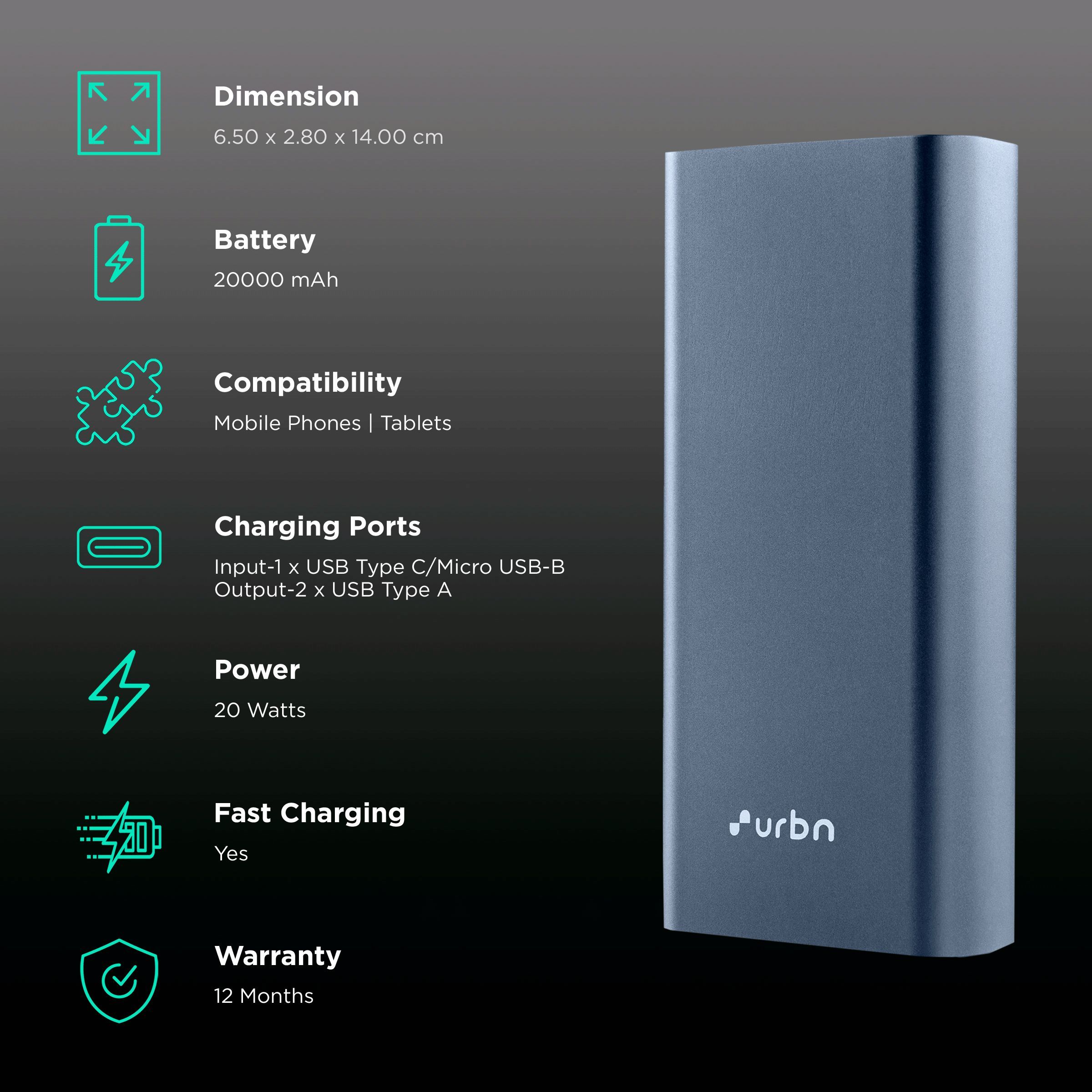urbn 20000 mAh 20W Fast Charging Power Bank (1 Micro USB Type B, 1 Type C & 2 Type A Ports, LED Charging Indicator, Blue)_3