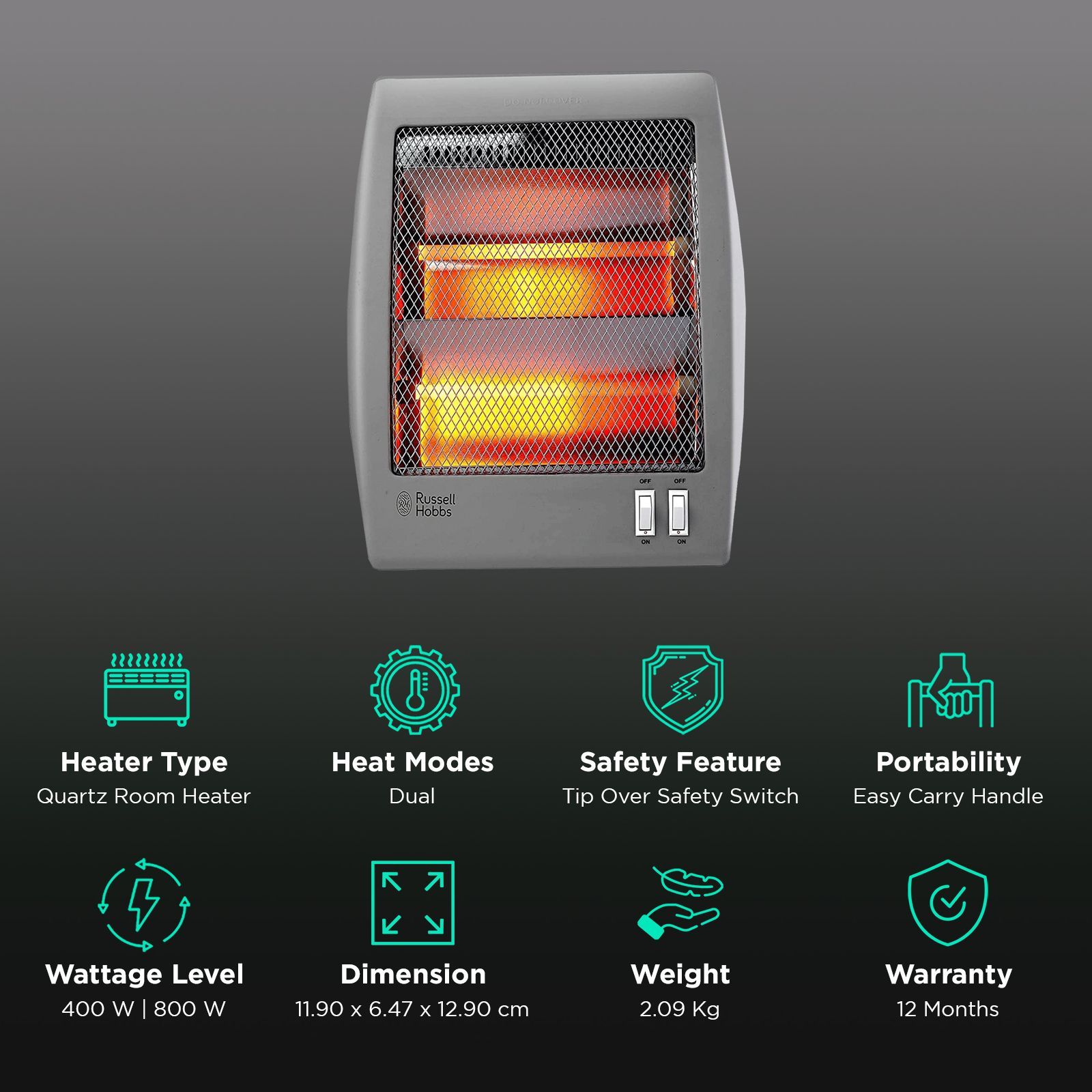Russell Hobbs RQH800 800W Halogen Quartz Room Heater with Tip Over Safety Switch (Compact and Portable Design Russell Hobbs RQH800 800W Halogen Quartz Room Heater with Tip Over Safety Switch (Compact and Portable Design_3