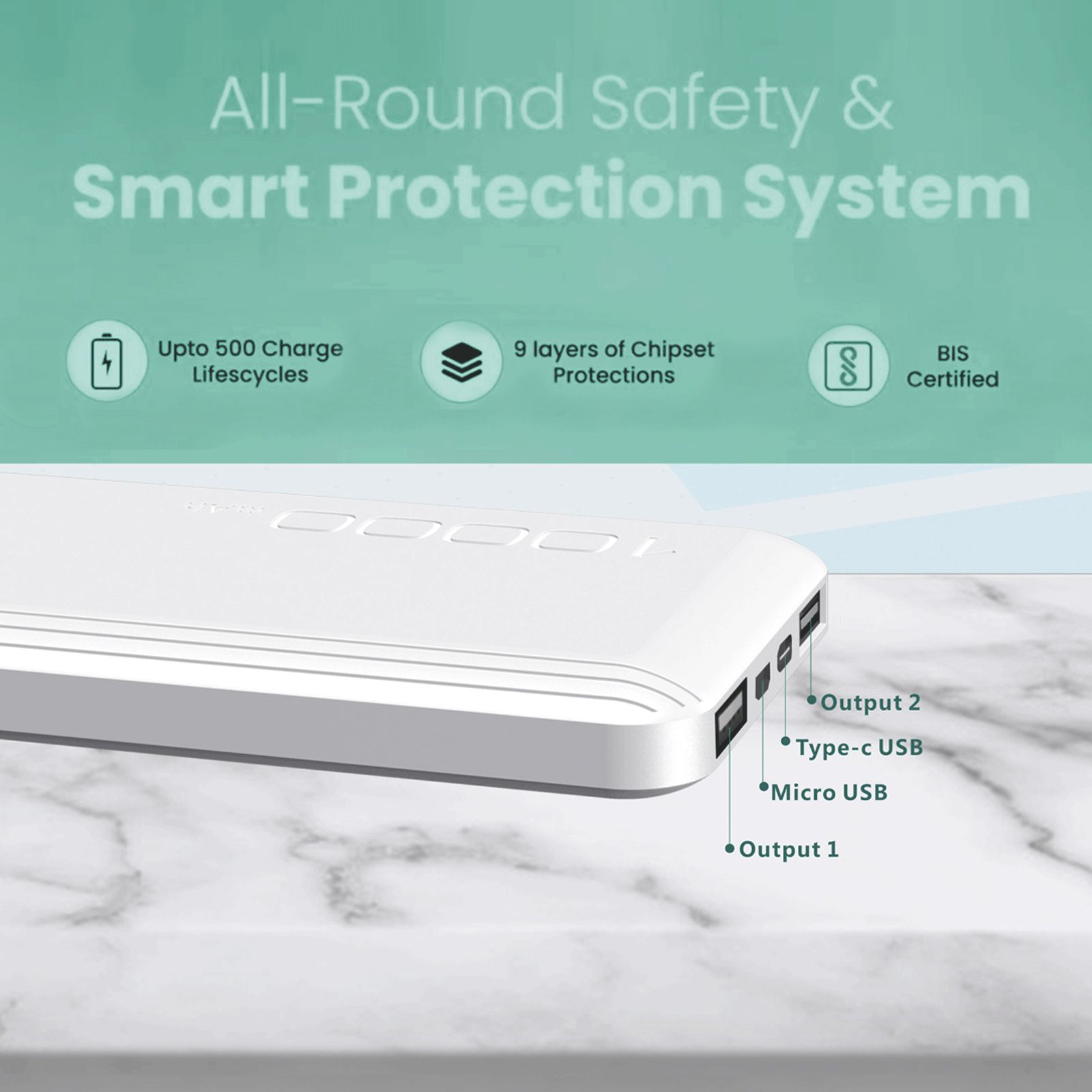 I KALL 10000 mAh 10W Fast Charging Power Bank (1 Micro USB, 1 Type C & 2 Type A Ports, Dual Output, White)_8