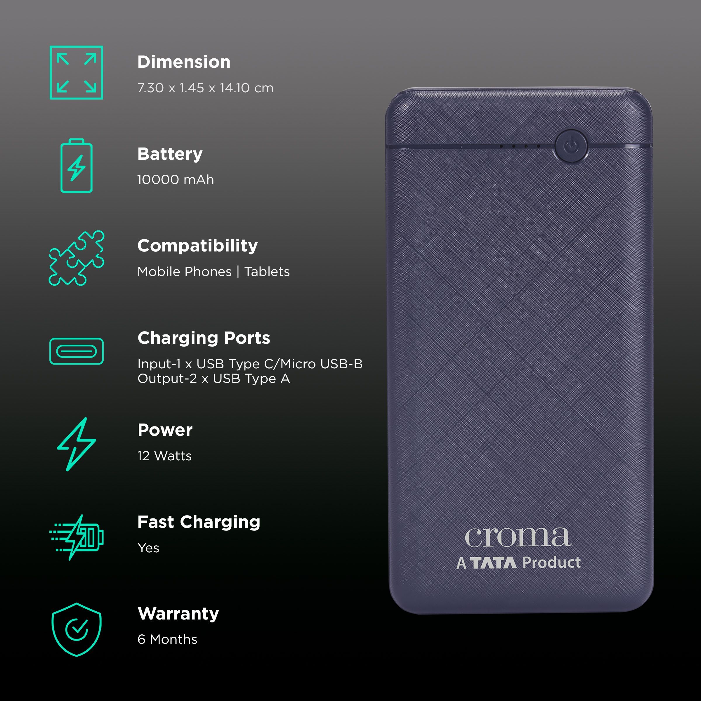 Croma 10000 mAh 12W Fast Charging Power Bank (1 Micro USB Type B, 1 Type C & 2 Type A Ports, Short Circuit Protection, Blue) Croma 10000 mAh 12W Fast Charging Power Bank (1 Micro USB Type B, 1 Type C & 2 Type A Ports, Short Circuit Protection, Blue)_3