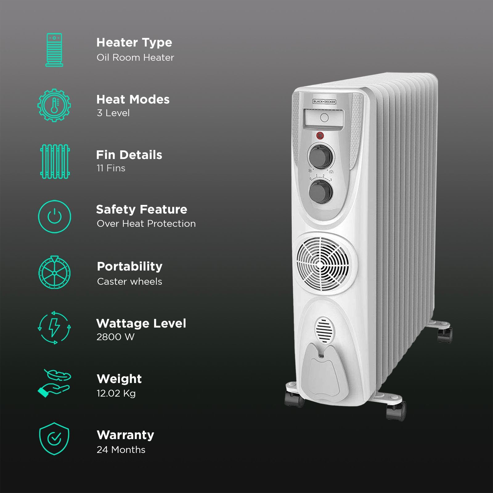 BLACK & DECKER BXRA1101IN 2800W Oil Filled Radiator Room Heater with 11 Fins (Adjustable Thermostat BLACK & DECKER BXRA1101IN 2800W Oil Filled Radiator Room Heater with 11 Fins (Adjustable Thermostat_3