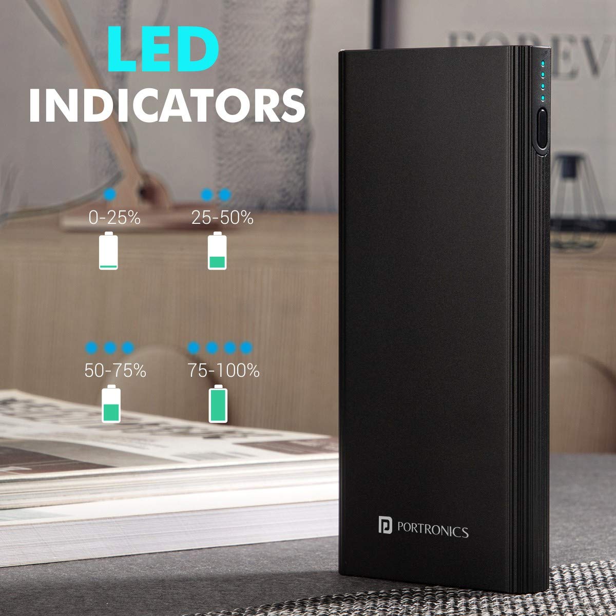 Portronics Power M 10000 mAh 18W Fast Charging Power Bank (1 Micro USB Type B, 1 Type C & 2 Type A Ports, LED Charging Indicator, Black)_7