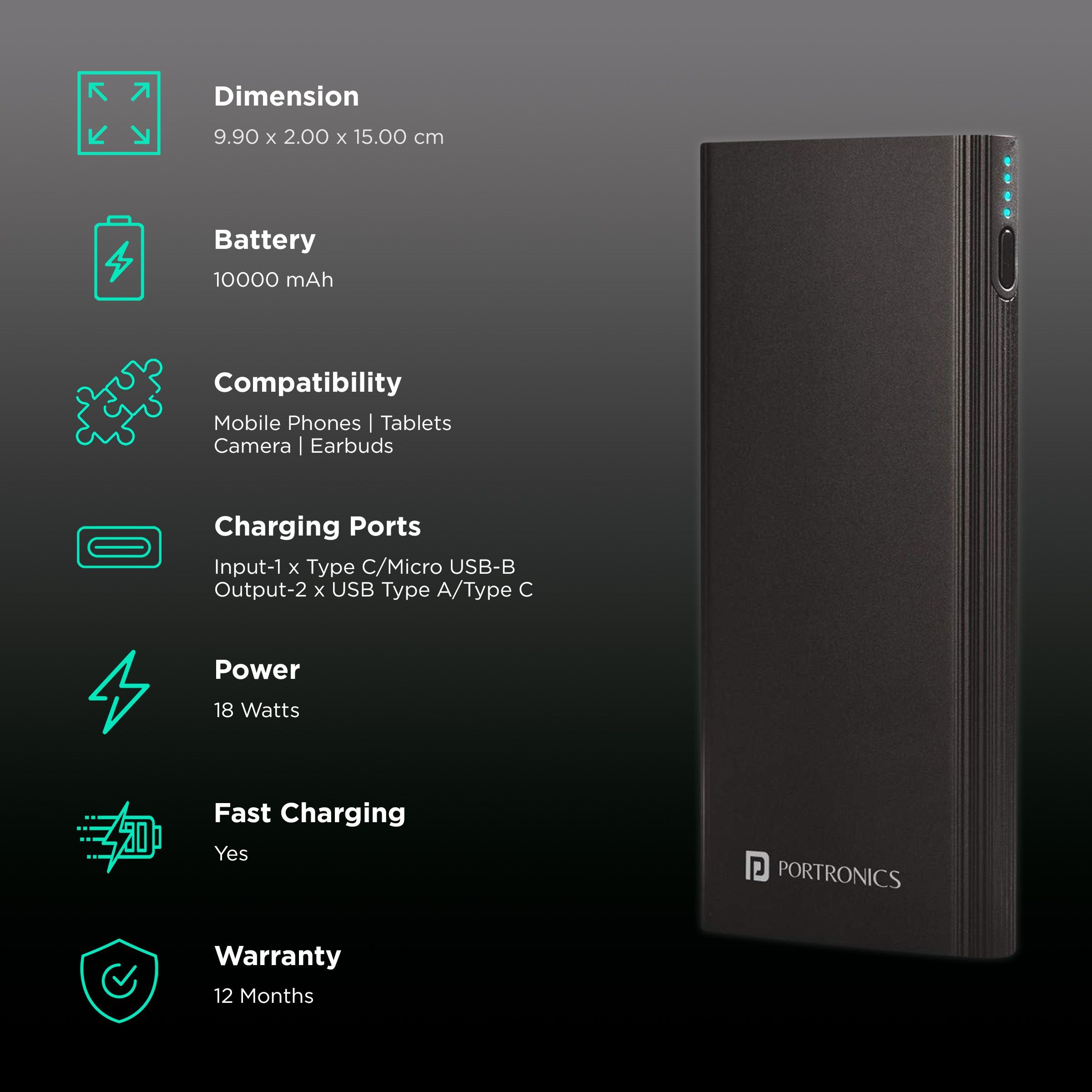 Portronics Power M 10000 mAh 18W Fast Charging Power Bank (1 Micro USB Type B, 1 Type C & 2 Type A Ports, LED Charging Indicator, Black)_3