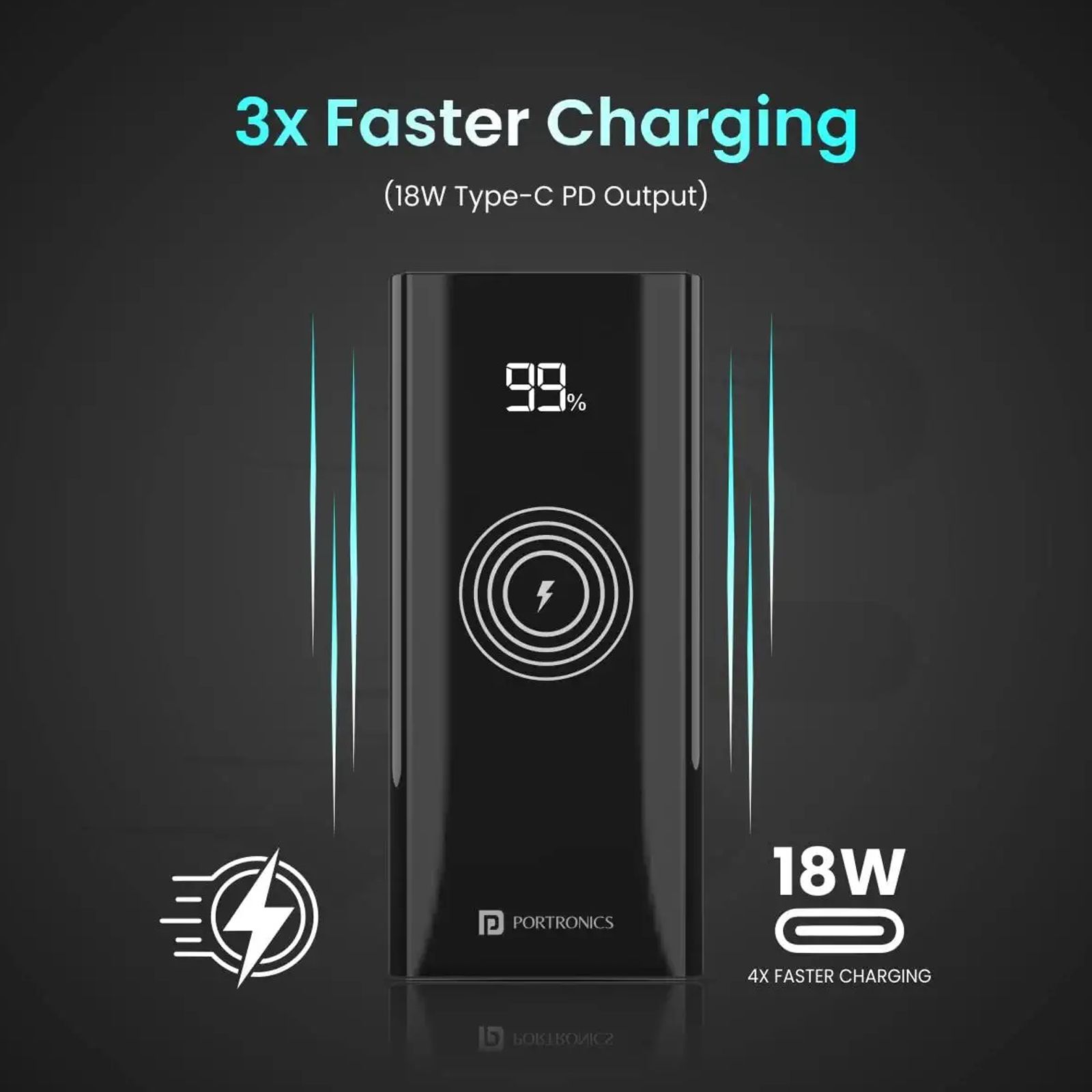 Portronics Power 10000 mAh 18W Fast Charging Power Bank (1 Type C & 2 Type A Ports, Wireless Charging, Black)_6