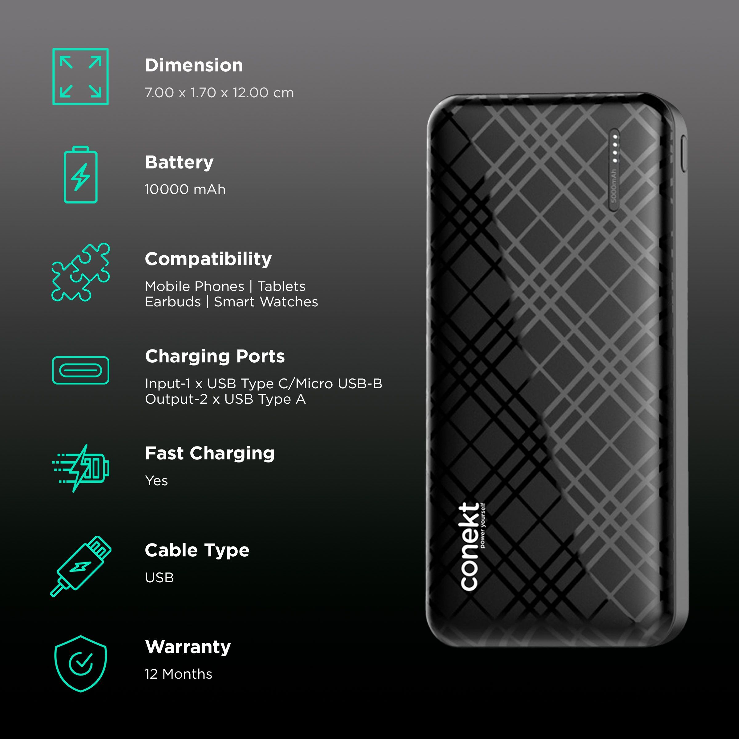 Conekt Zeal Proton 10000 mAh Fast Charging Power Bank (1 Micro USB Type B, 1 Type C & 2 Type A Ports, ABS Casing, LED Charging Indicator, Black)_3