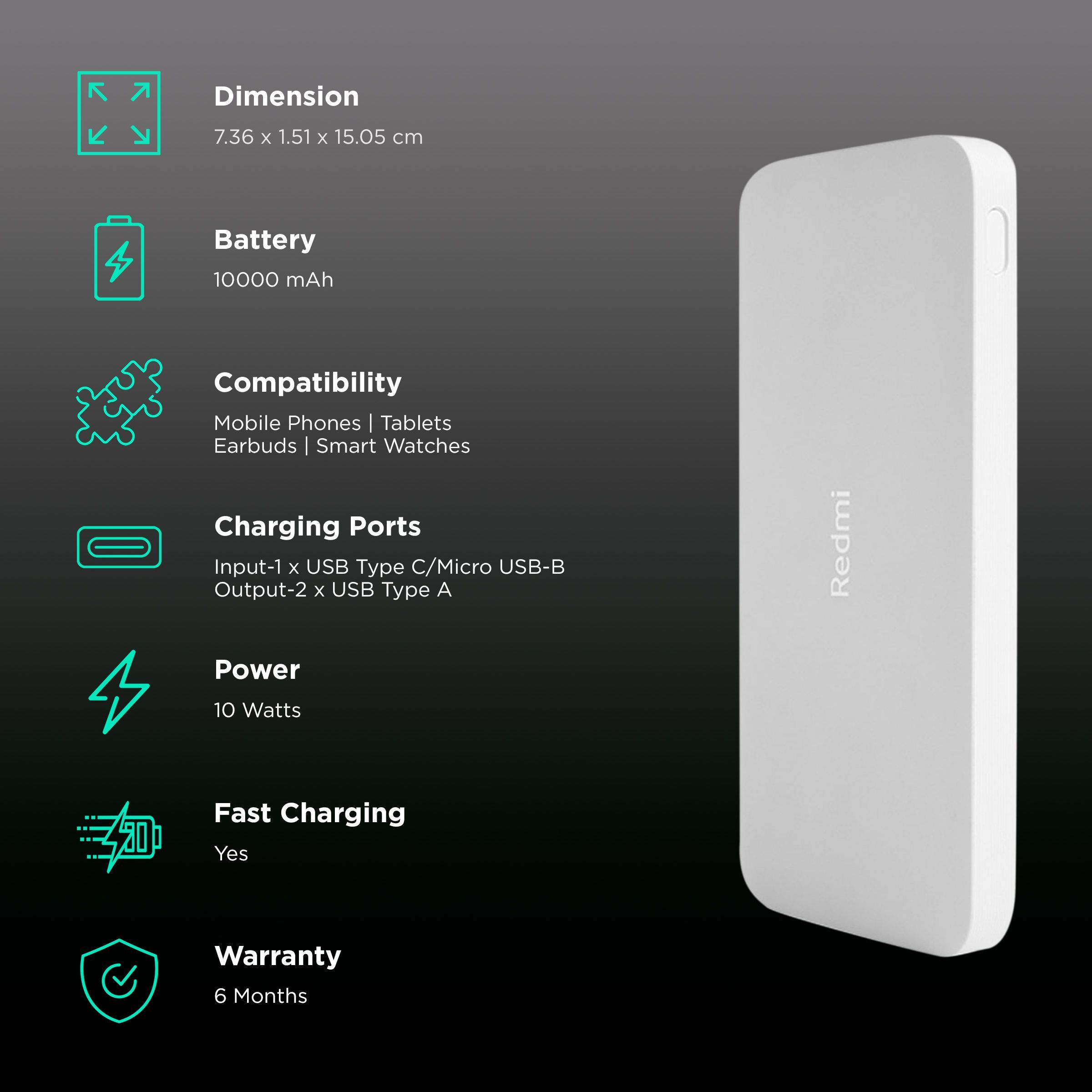 Redmi 10000 mAh 10W Fast Charging Power Bank (1 Micro USB Type B, 1 Type C & 2 Type A Ports, Two Way Fast Charging, White) Redmi 10000 mAh 10W Fast Charging Power Bank (1 Micro USB Type B, 1 Type C & 2 Type A Ports, Two Way Fast Charging, White)_3