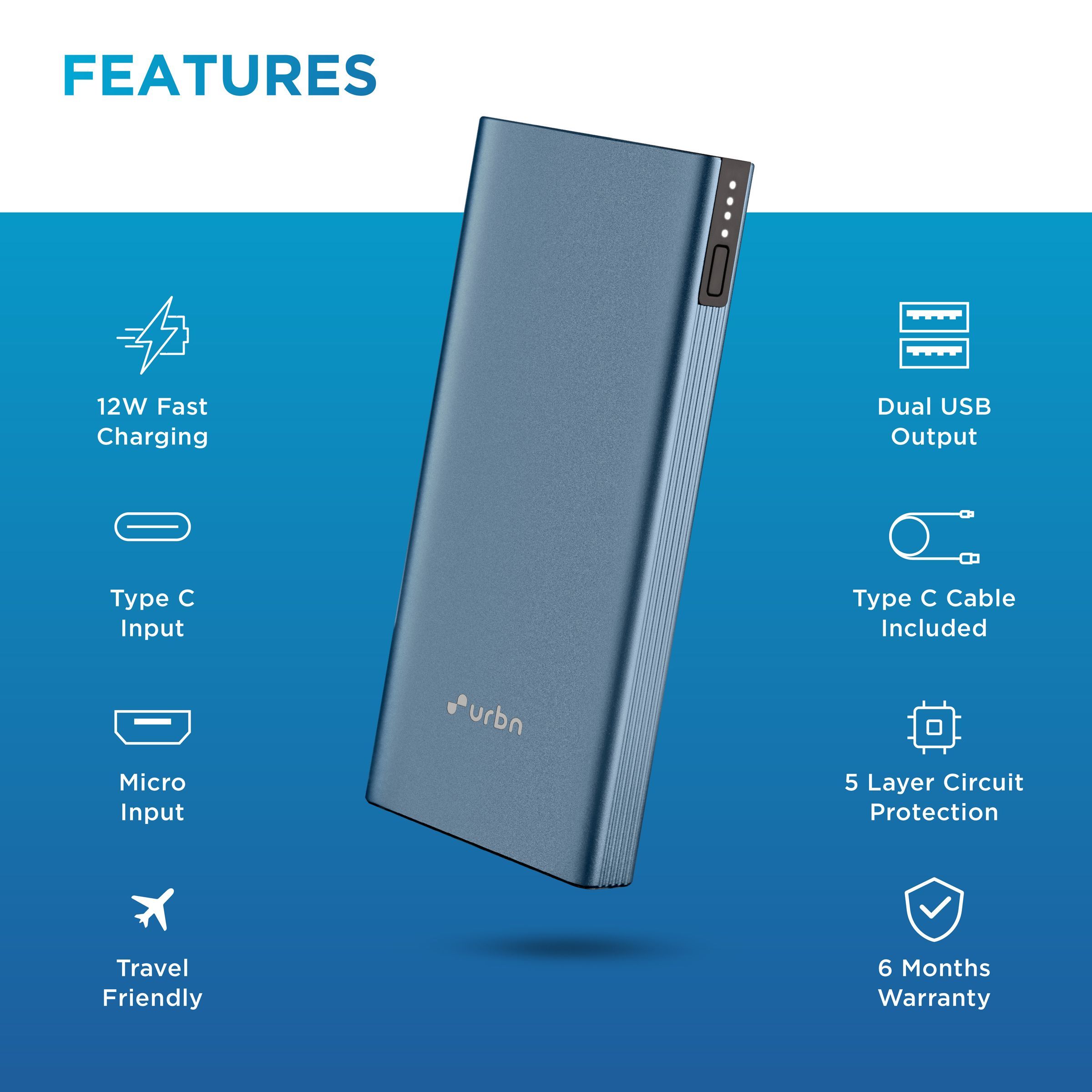 urbn 10000 mAh 12W Fast Charging Power Bank (1 Micro USB Type B, 1 Type C & 2 Type A Ports, Ultra Slim Metal Body, BIS Certified, Blue)_6