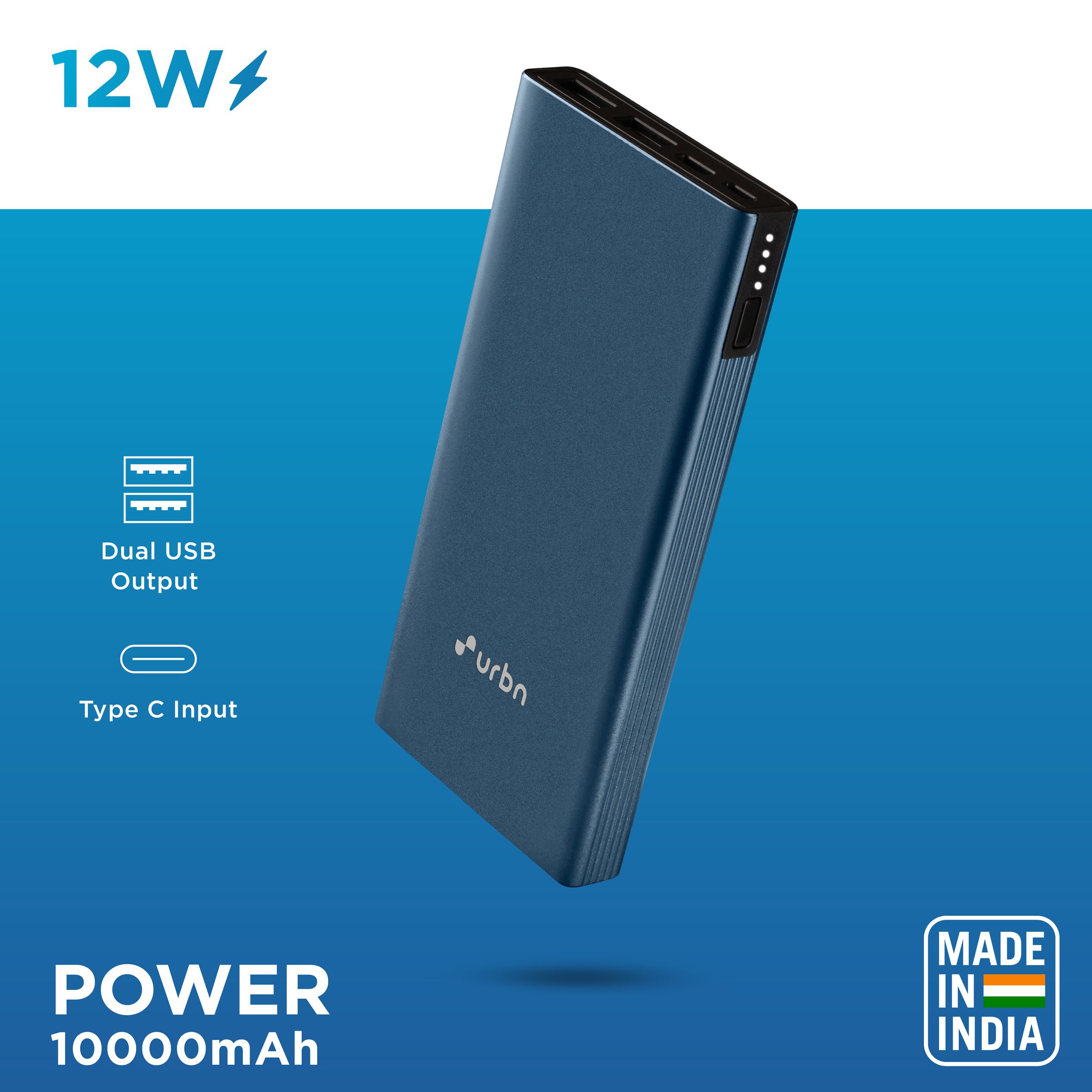urbn 10000 mAh 12W Fast Charging Power Bank (1 Micro USB Type B, 1 Type C & 2 Type A Ports, Ultra Slim Metal Body, BIS Certified, Blue)_4