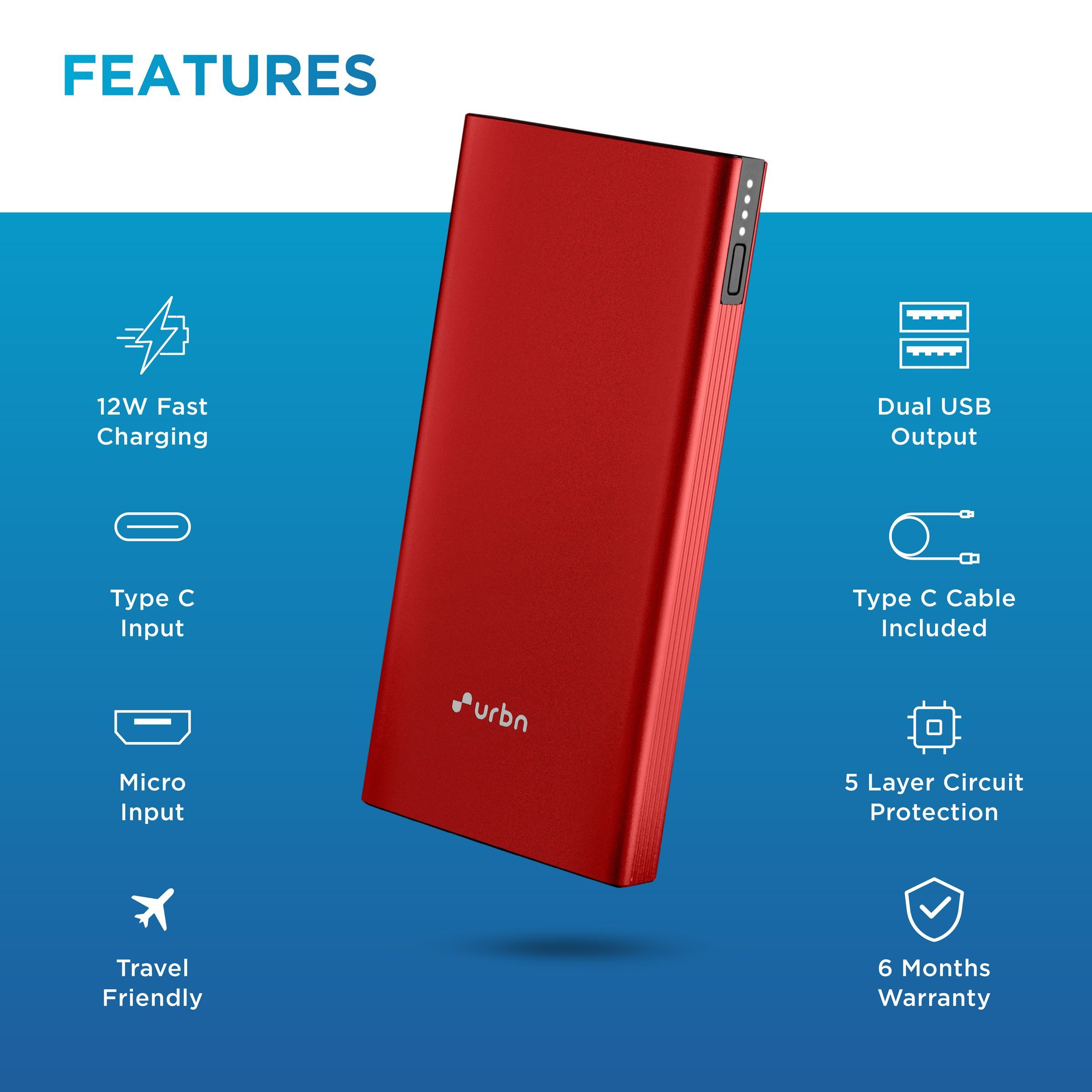 urbn 10000 mAh 12W Fast Charging Power Bank (1 Micro USB Type B, 1 Type C & 2 Type A Ports, Ultra Slim Metal Body, BIS Certified, Red)_6