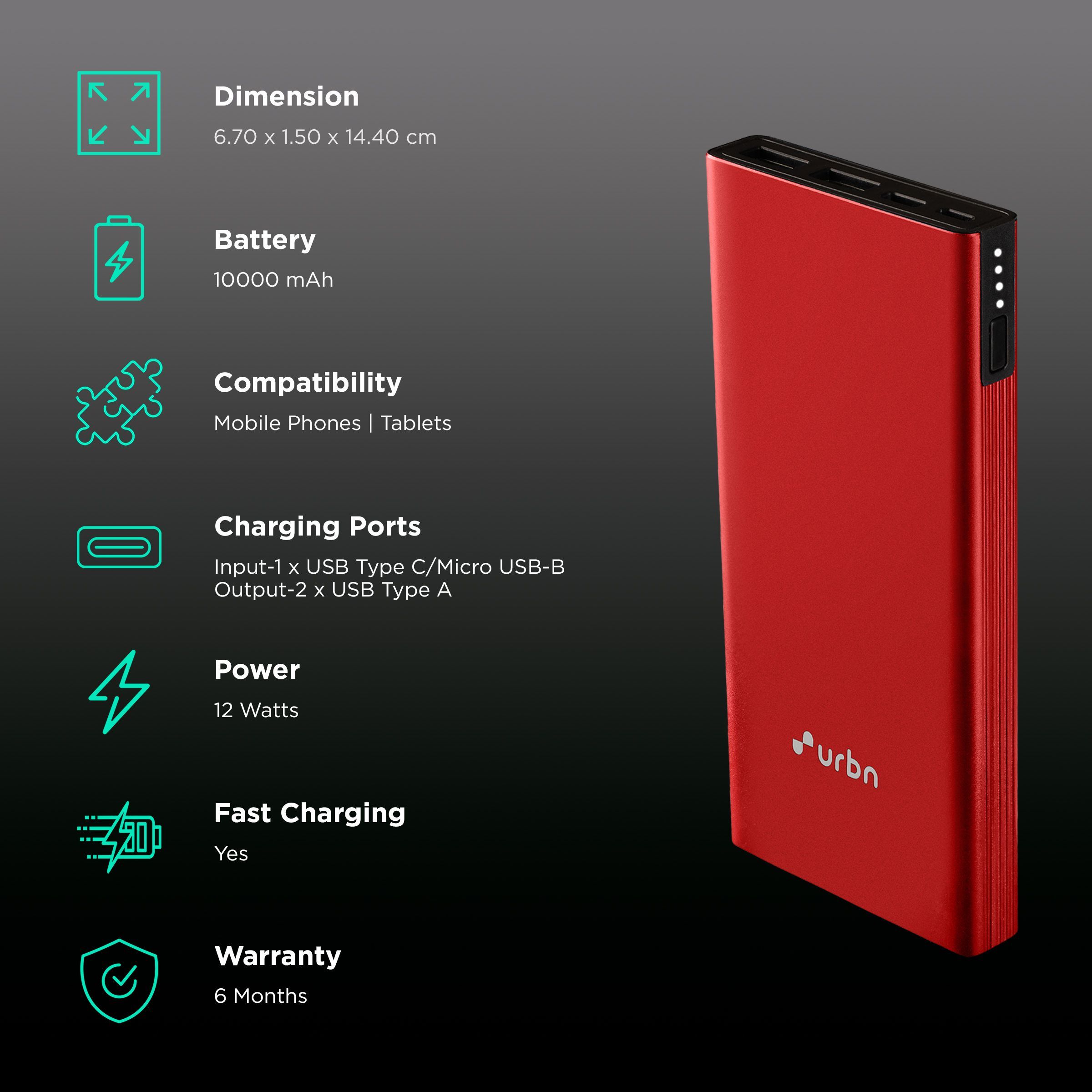 urbn 10000 mAh 12W Fast Charging Power Bank (1 Micro USB Type B, 1 Type C & 2 Type A Ports, Ultra Slim Metal Body, BIS Certified, Red)_3