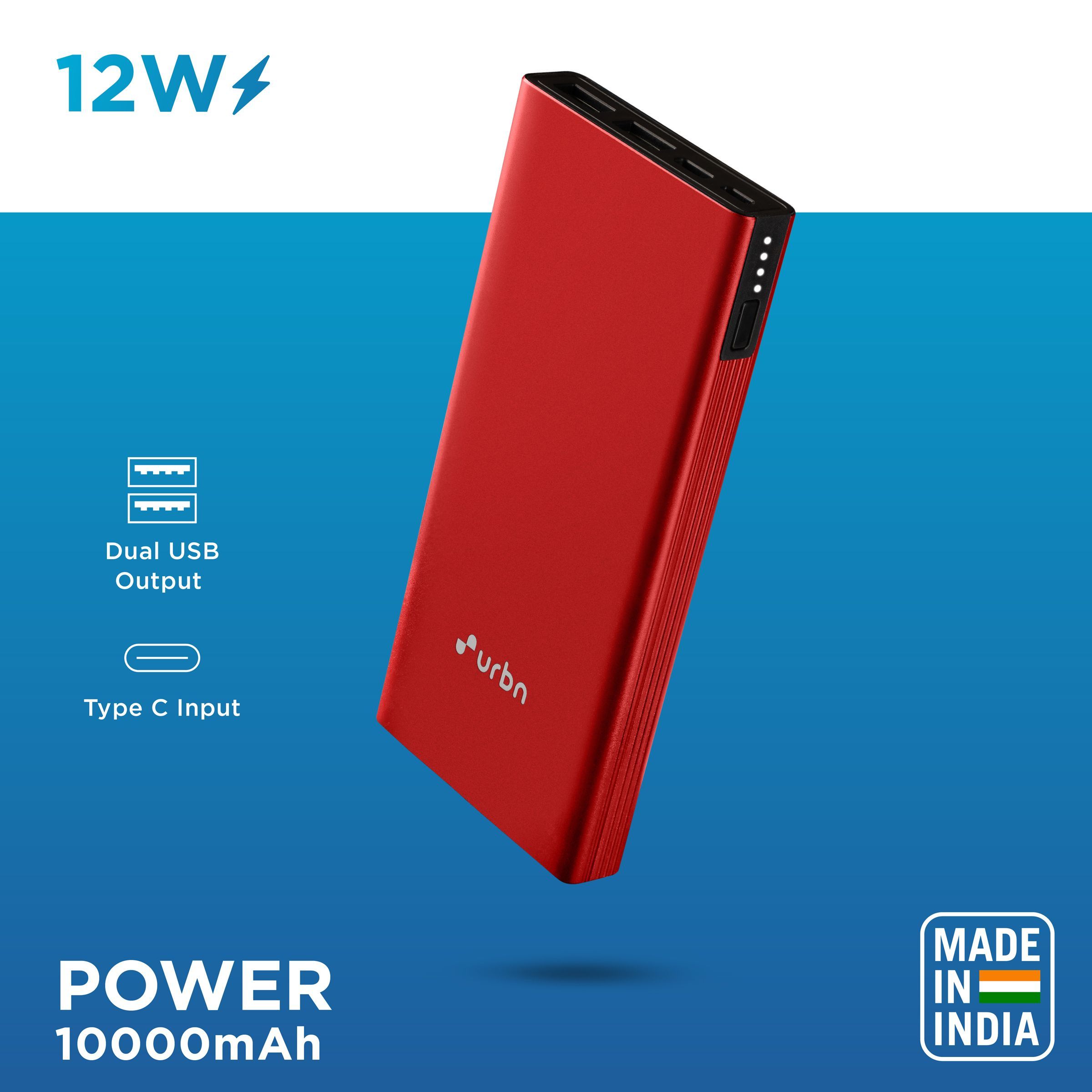 urbn 10000 mAh 12W Fast Charging Power Bank (1 Micro USB Type B, 1 Type C & 2 Type A Ports, Ultra Slim Metal Body, BIS Certified, Red)_4