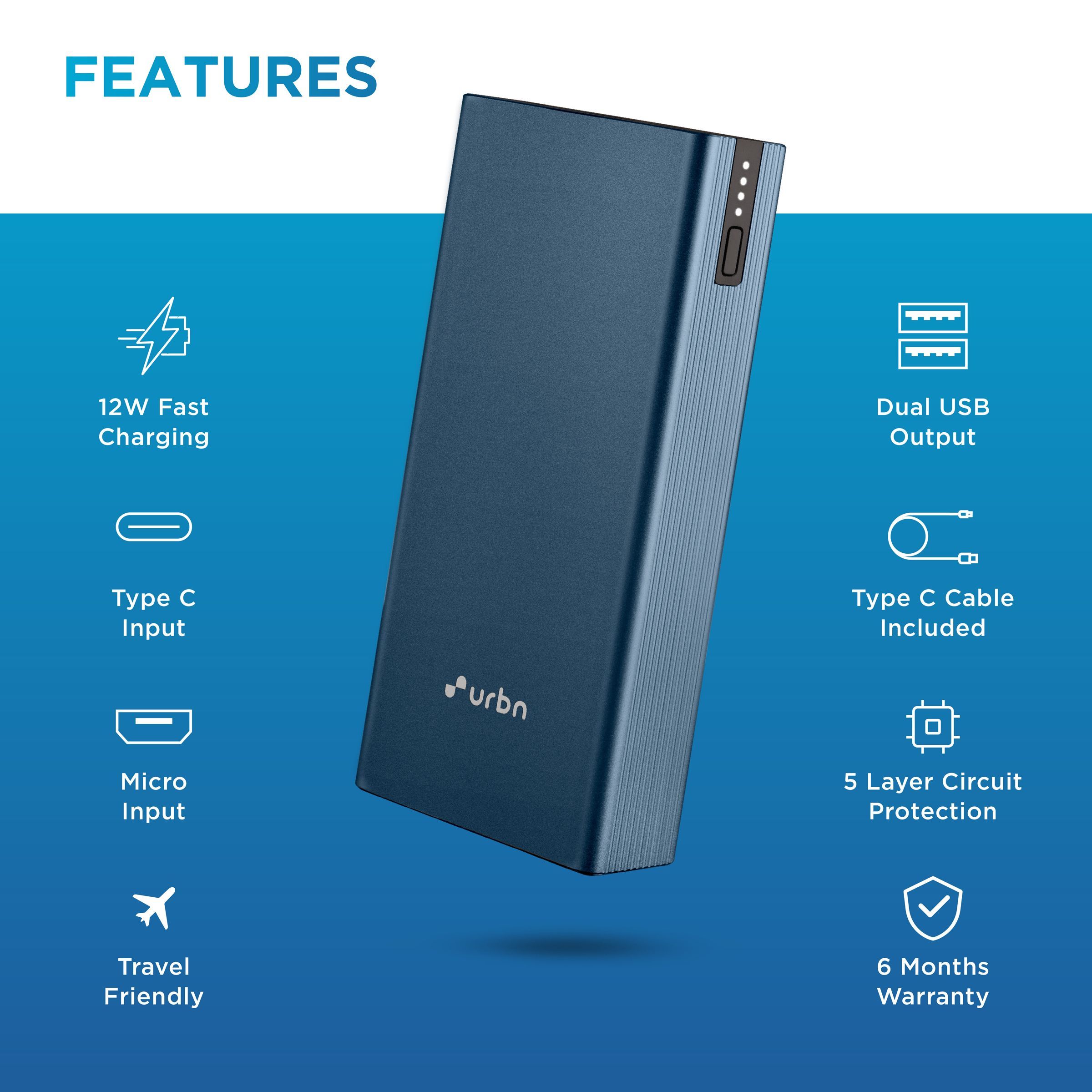 urbn 20000 mAh 12W Fast Charging Power Bank (1 Micro USB Type B, 1 Type C & 2 Type A Ports, Ultra Slim Metal Body, LED Charging Indicator, Blue)_6