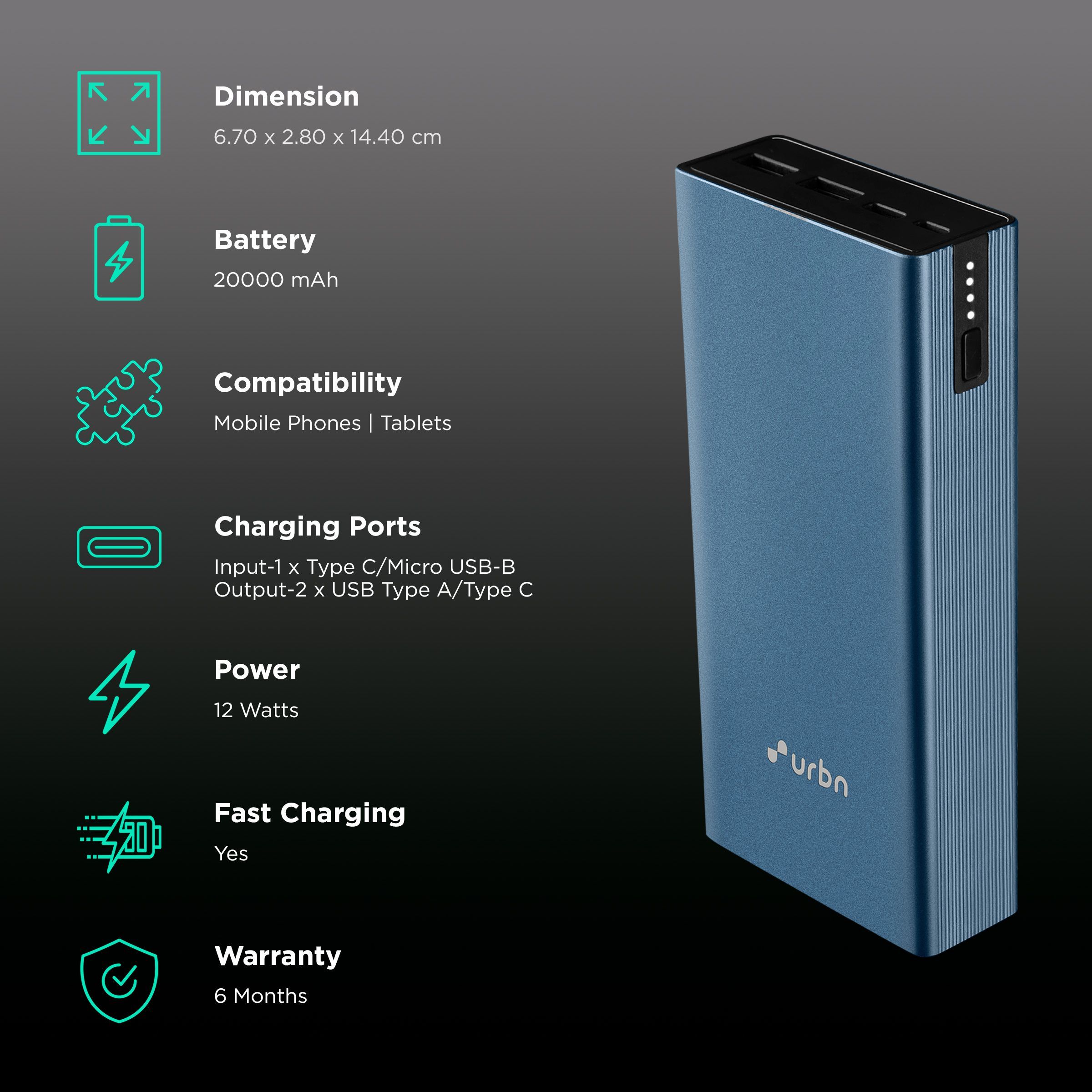 urbn 20000 mAh 12W Fast Charging Power Bank (1 Micro USB Type B, 1 Type C & 2 Type A Ports, Ultra Slim Metal Body, LED Charging Indicator, Blue)_3