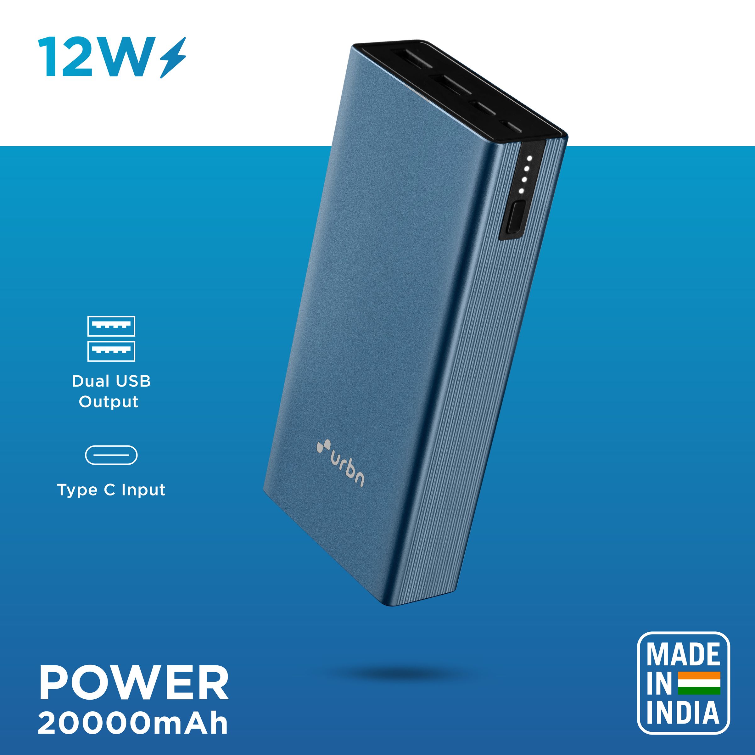 urbn 20000 mAh 12W Fast Charging Power Bank (1 Micro USB Type B, 1 Type C & 2 Type A Ports, Ultra Slim Metal Body, LED Charging Indicator, Blue)_4