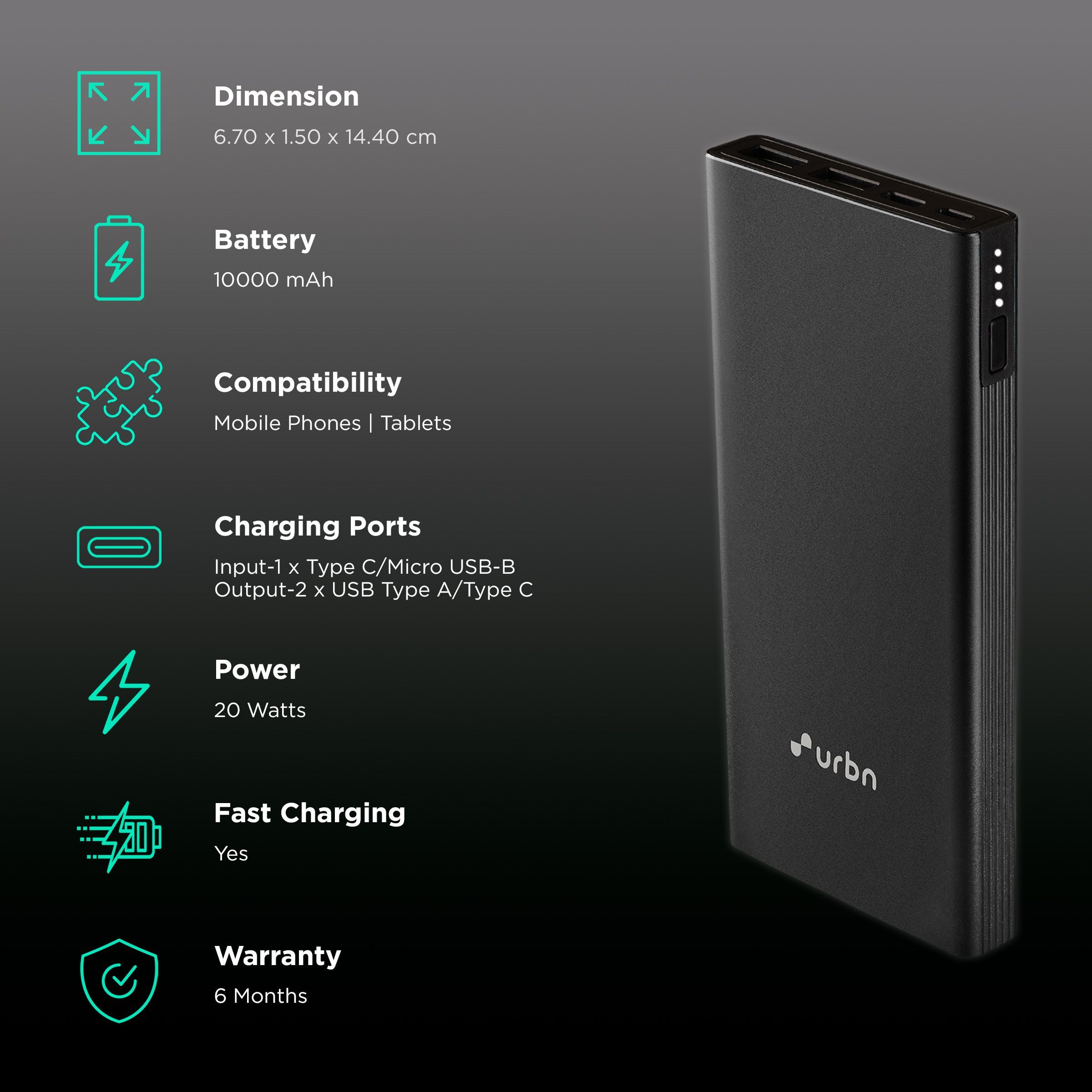 urbn 10000 mAh 20W Fast Charging Power Bank (1 Micro USB Type B, 1 Type C & 2 Type A Ports, Ultra Slim Metal Body, Smart Adaptive IC, Black)_3