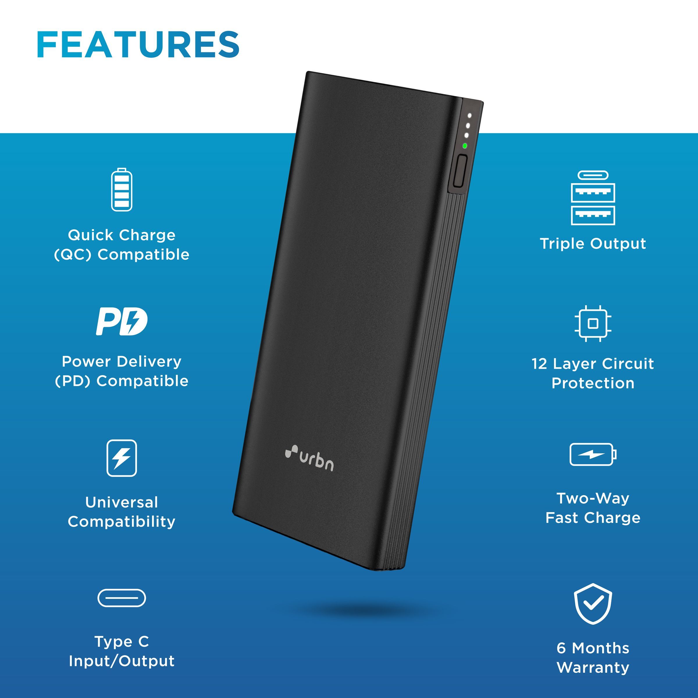 urbn 10000 mAh 20W Fast Charging Power Bank (1 Micro USB Type B, 1 Type C & 2 Type A Ports, Ultra Slim Metal Body, Smart Adaptive IC, Black)_4