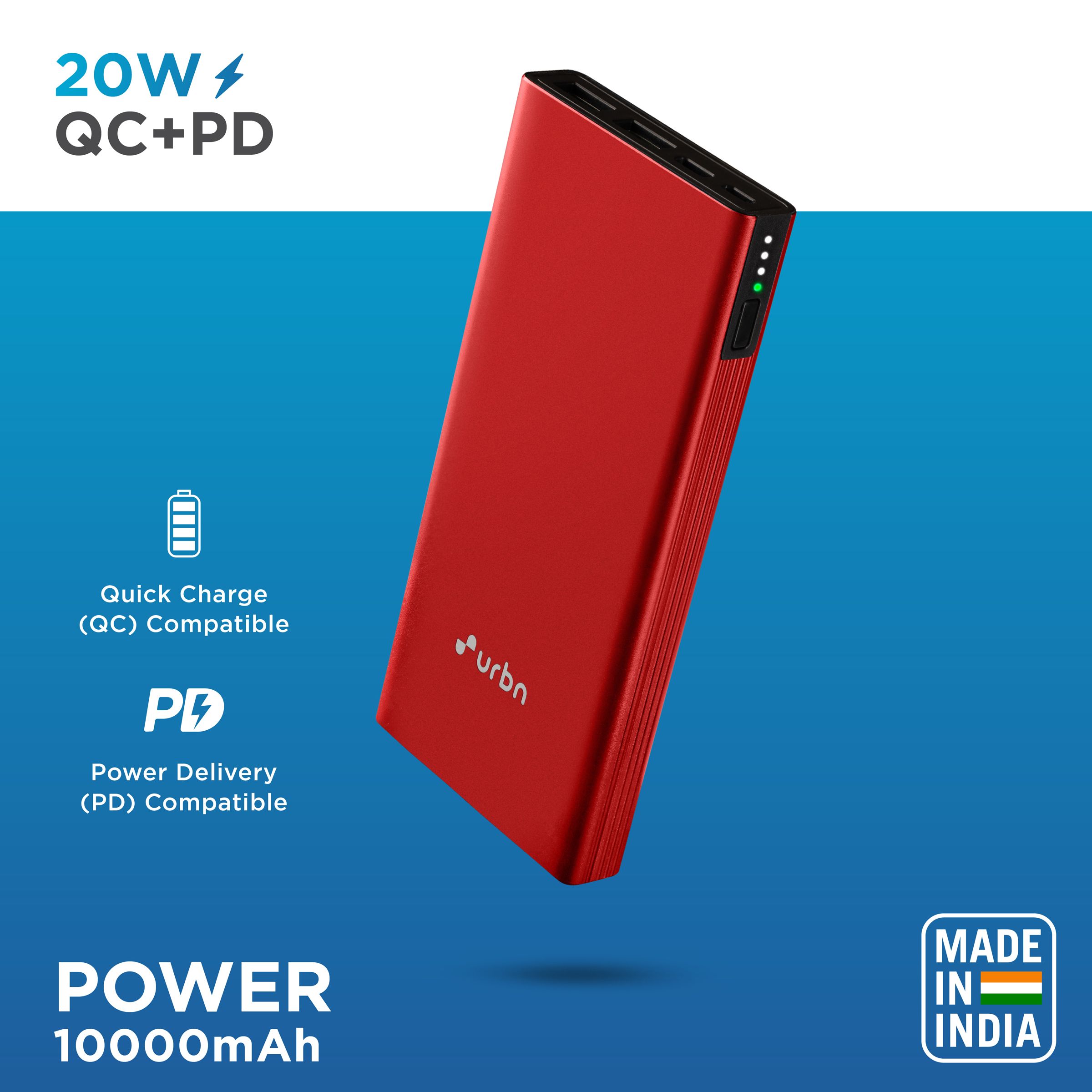 urbn 10000 mAh 20W Fast Charging Power Bank (1 Micro USB Type B, 1 Type C & 2 Type A Ports, Ultra Slim Metal Body, BIS Certified, Red)_6