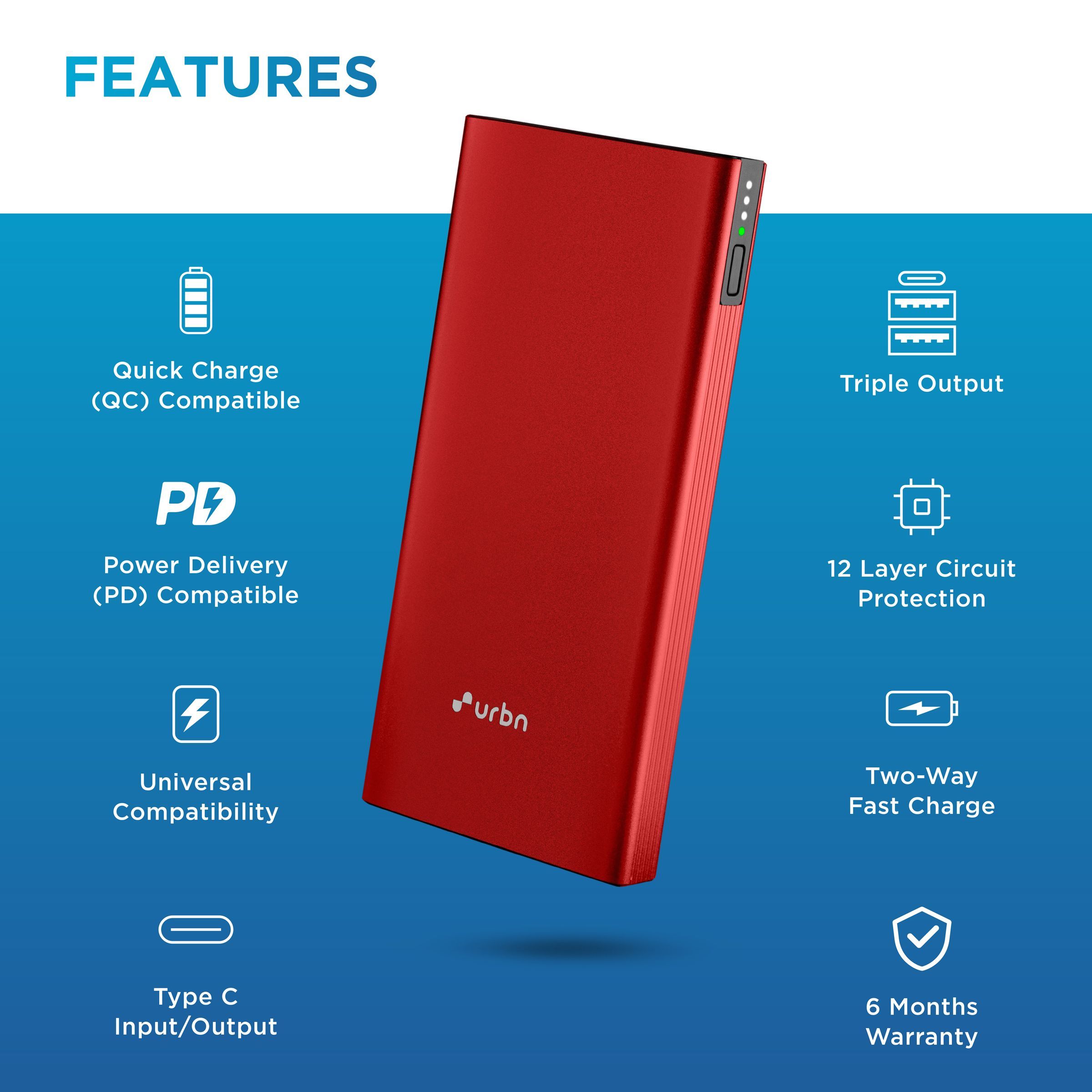 urbn 10000 mAh 20W Fast Charging Power Bank (1 Micro USB Type B, 1 Type C & 2 Type A Ports, Ultra Slim Metal Body, BIS Certified, Red)_7