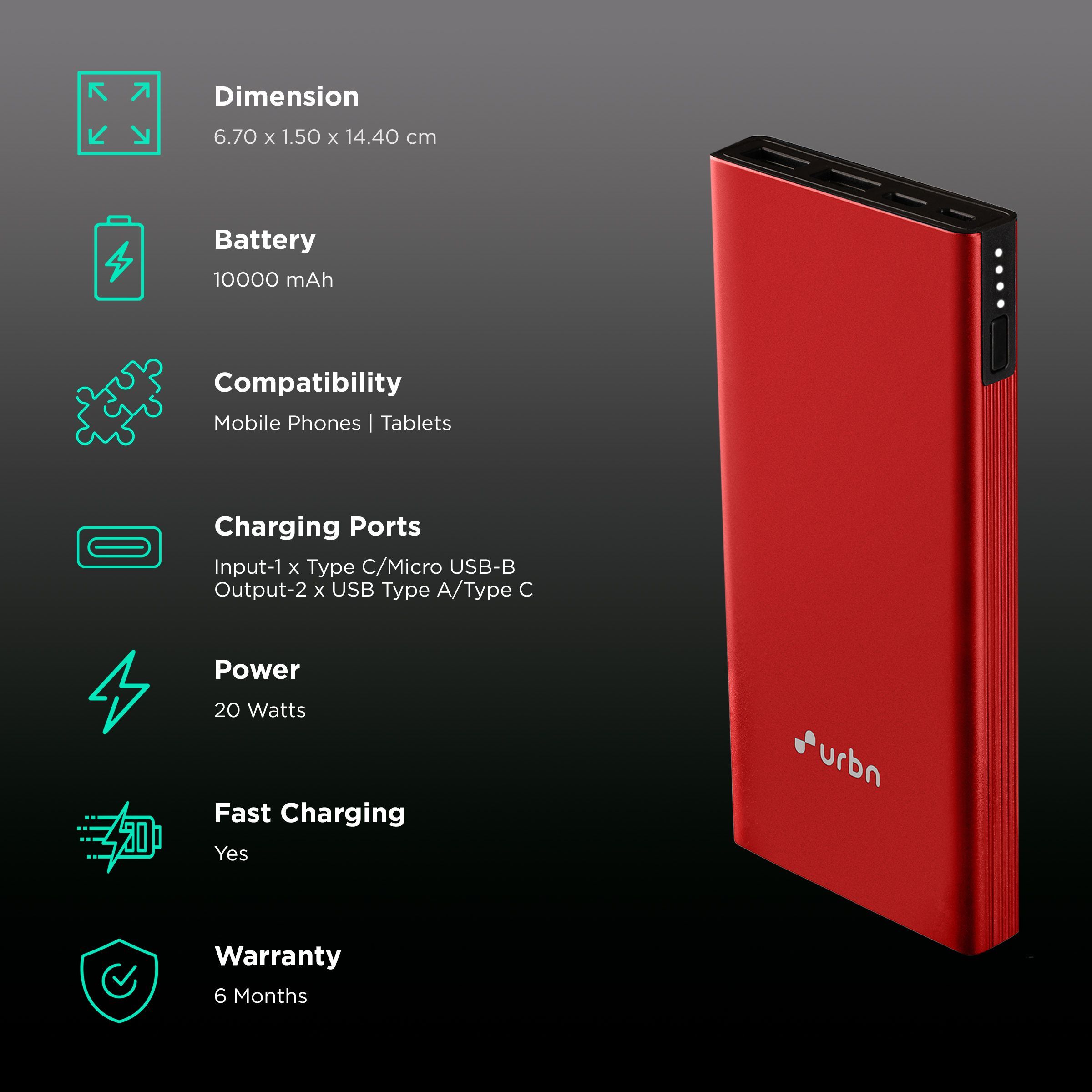 urbn 10000 mAh 20W Fast Charging Power Bank (1 Micro USB Type B, 1 Type C & 2 Type A Ports, Ultra Slim Metal Body, BIS Certified, Red)_3
