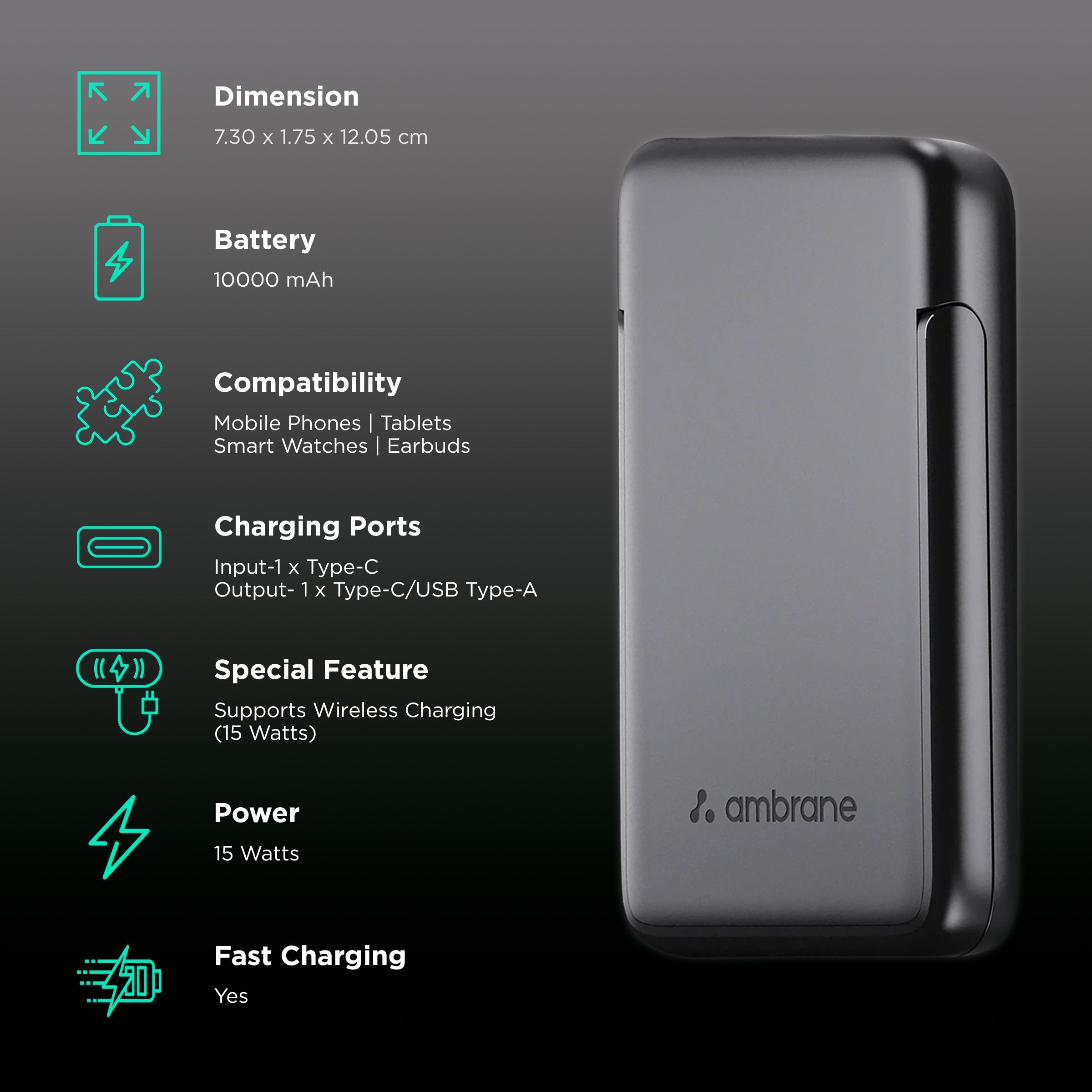 ambrane AeroSync PB 10 10000 mAh 15W Fast Charging Power Bank (1 Type A & 1 Type C Ports, Wireless Charging, Black)_3