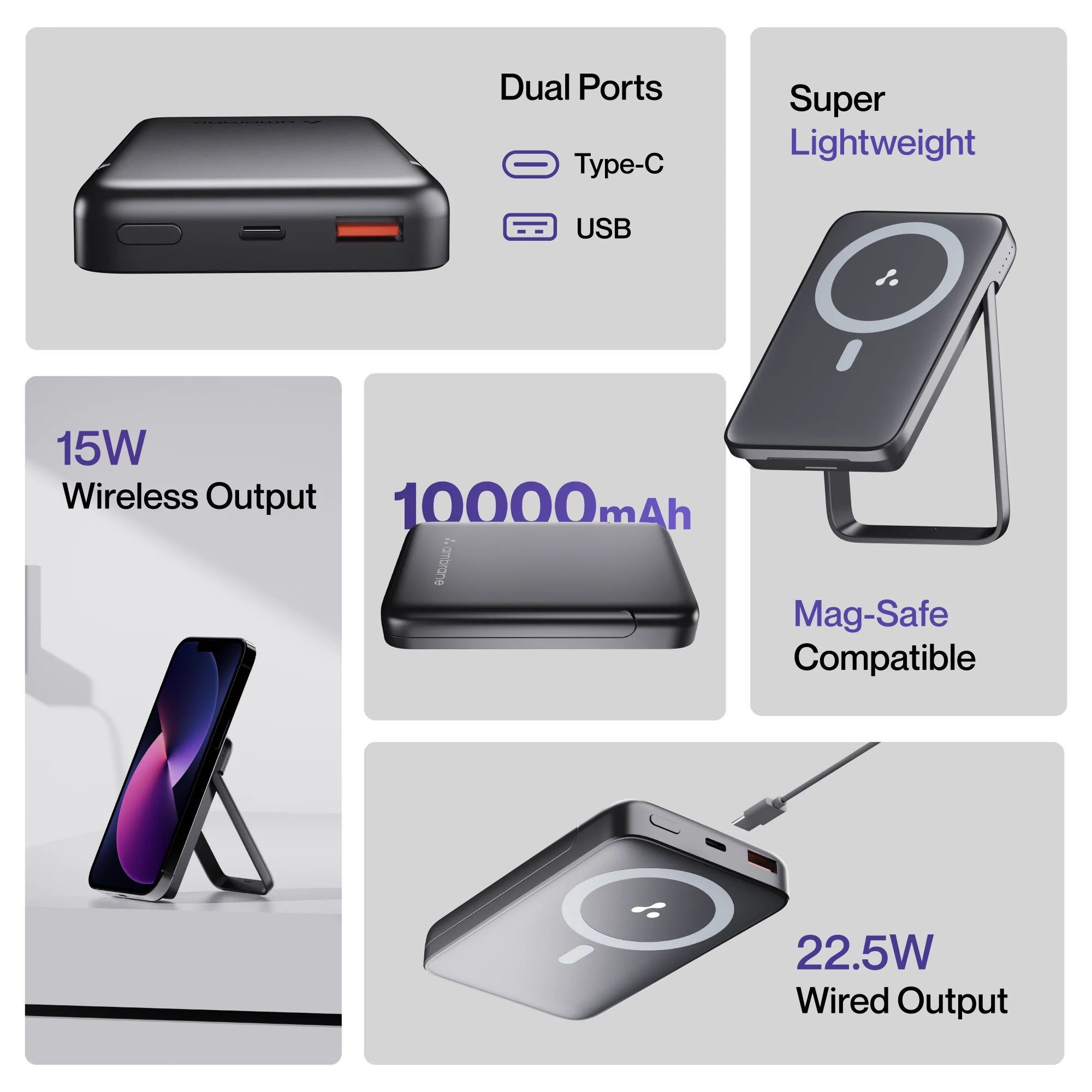 ambrane AeroSync PB 10 10000 mAh 15W Fast Charging Power Bank (1 Type A & 1 Type C Ports, Wireless Charging, Black)_6