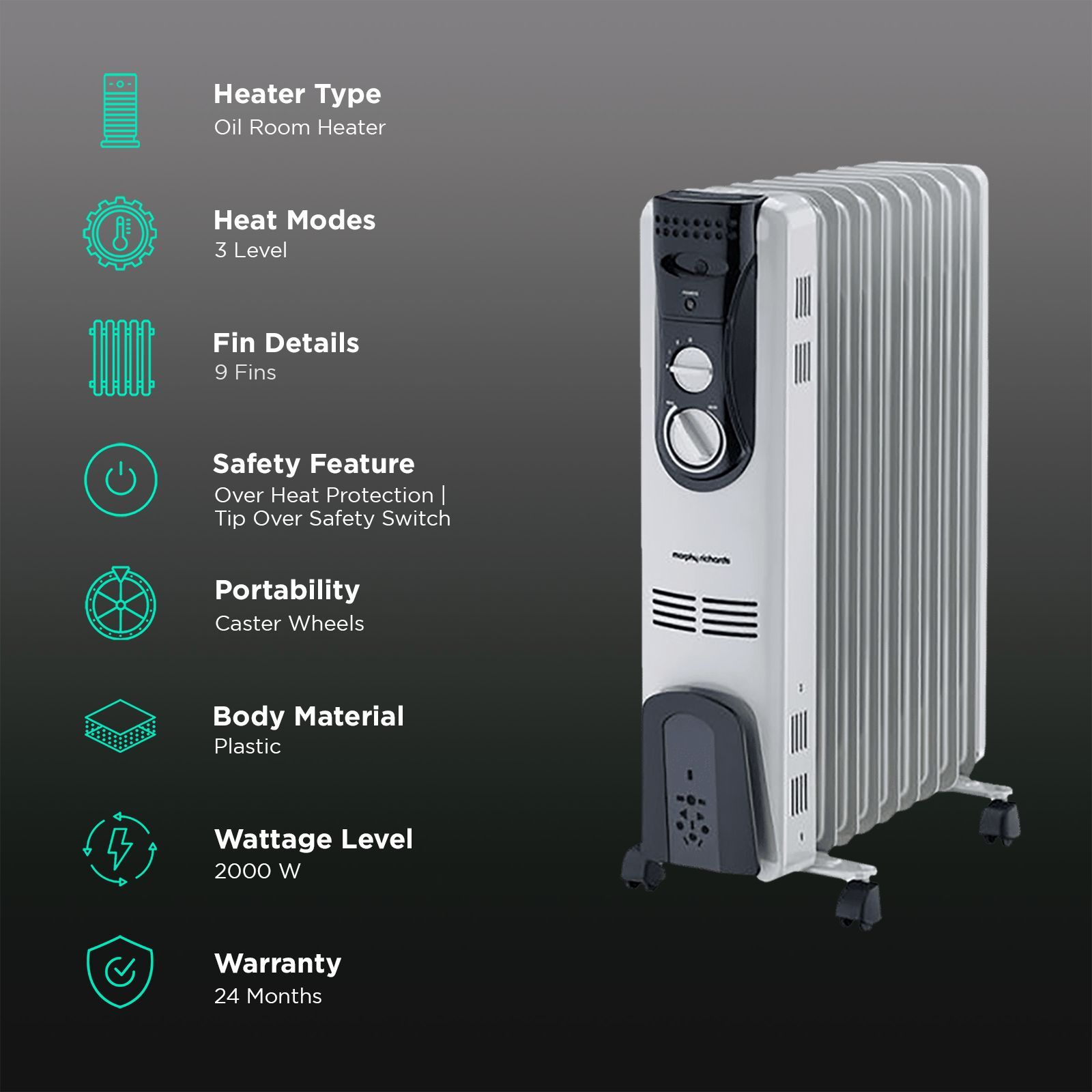 morphy richards OFR 900+ 2000W Oil Filled Radiator Room Heater with 9 Fins (Tip Over Safety Switch_3