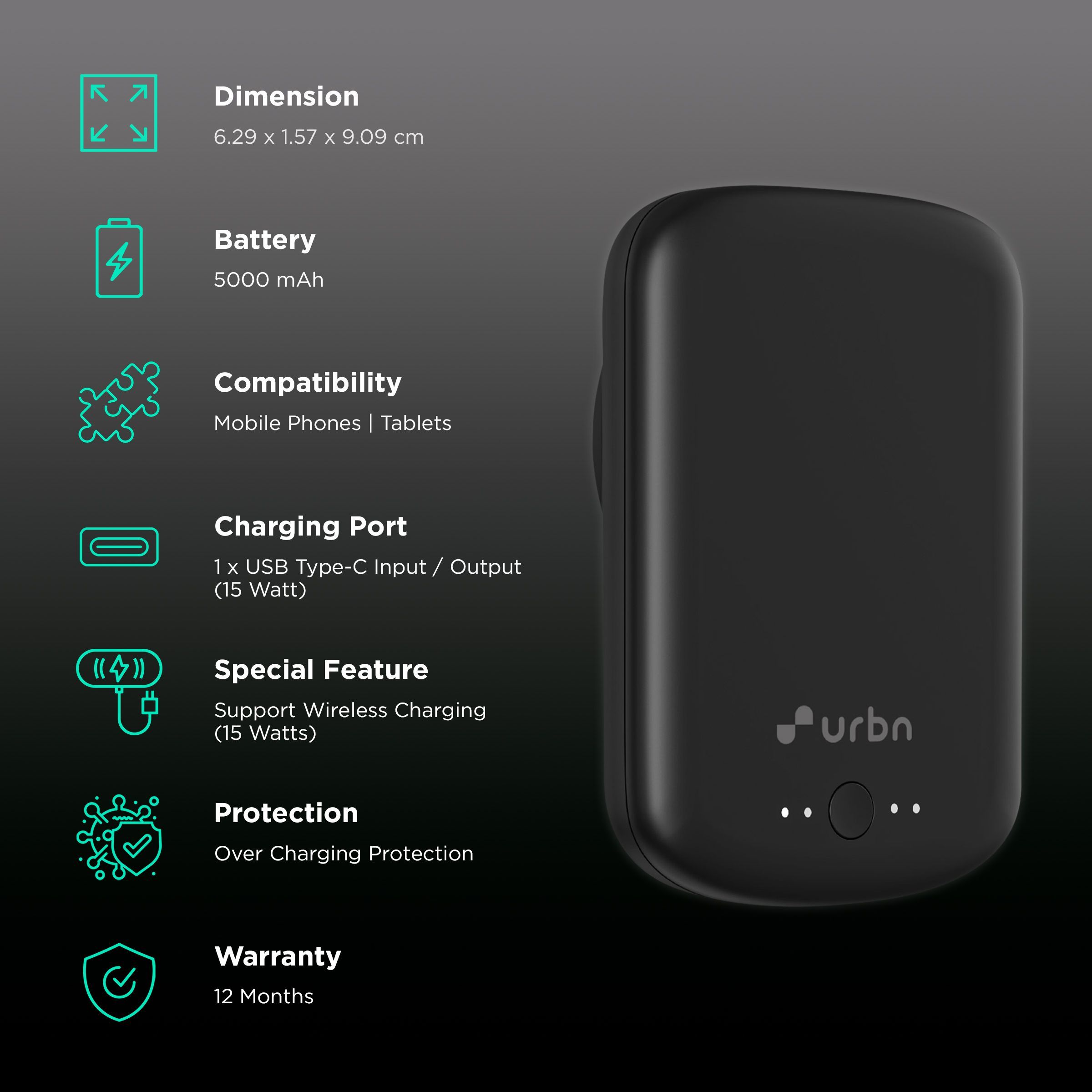 urbn UPR050_BE 5000 mAh 15W Power Bank (1 Type C Port, Black) urbn UPR050_BE 5000 mAh 15W Power Bank (1 Type C Port, Black)_3